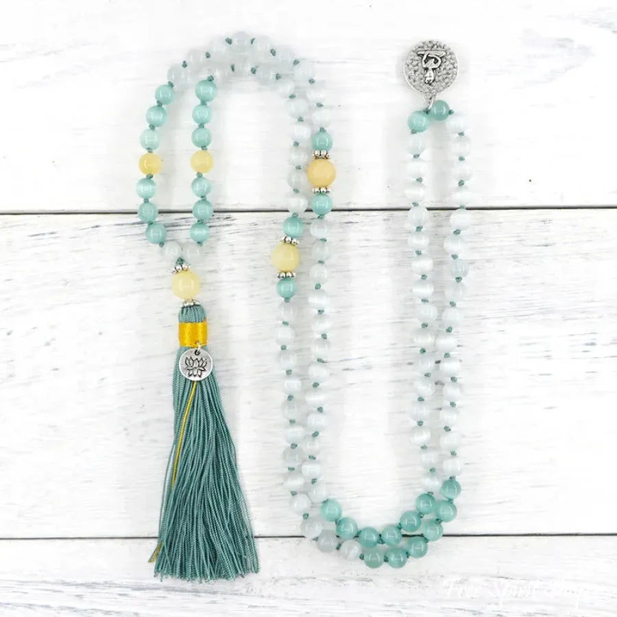 108 Lake Bue Opal & Yellow Jade Mala Bead Necklace