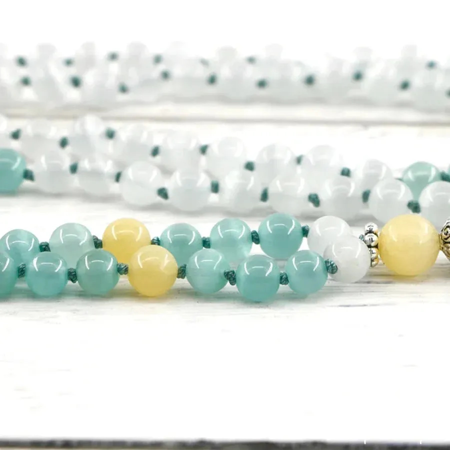 108 Lake Bue Opal & Yellow Jade Mala Bead Necklace