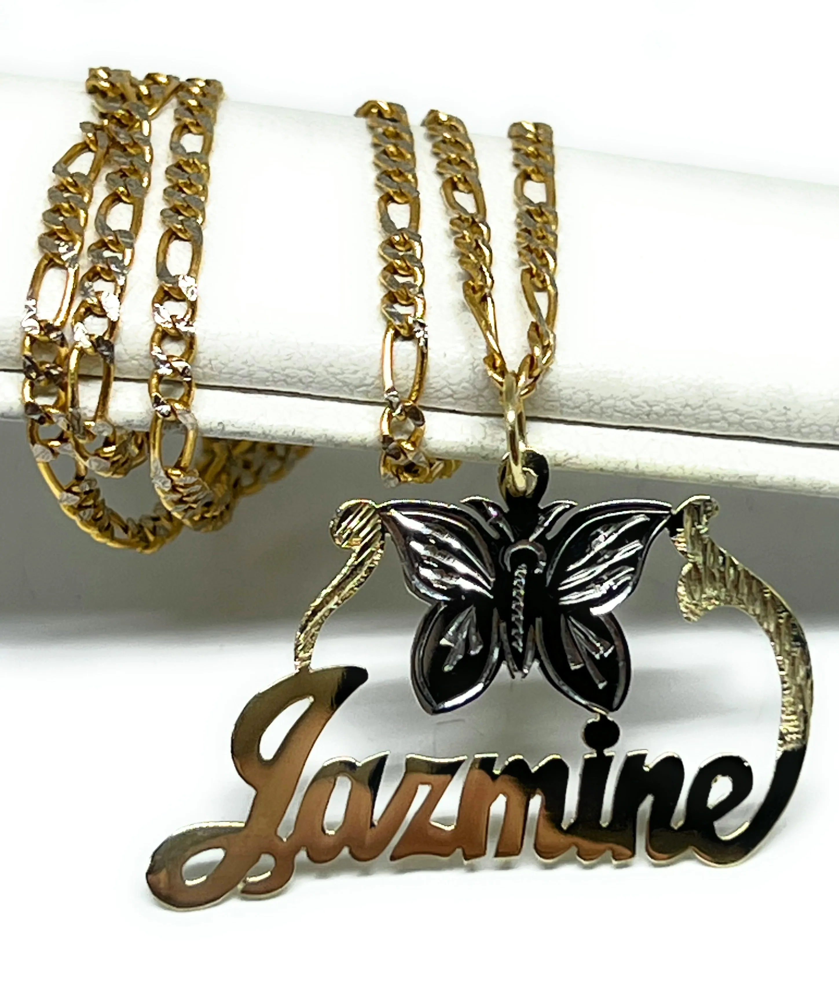 10k Solid Gold Custom Cursive Butterflies Nameplate Pendant Necklace with Chain Options