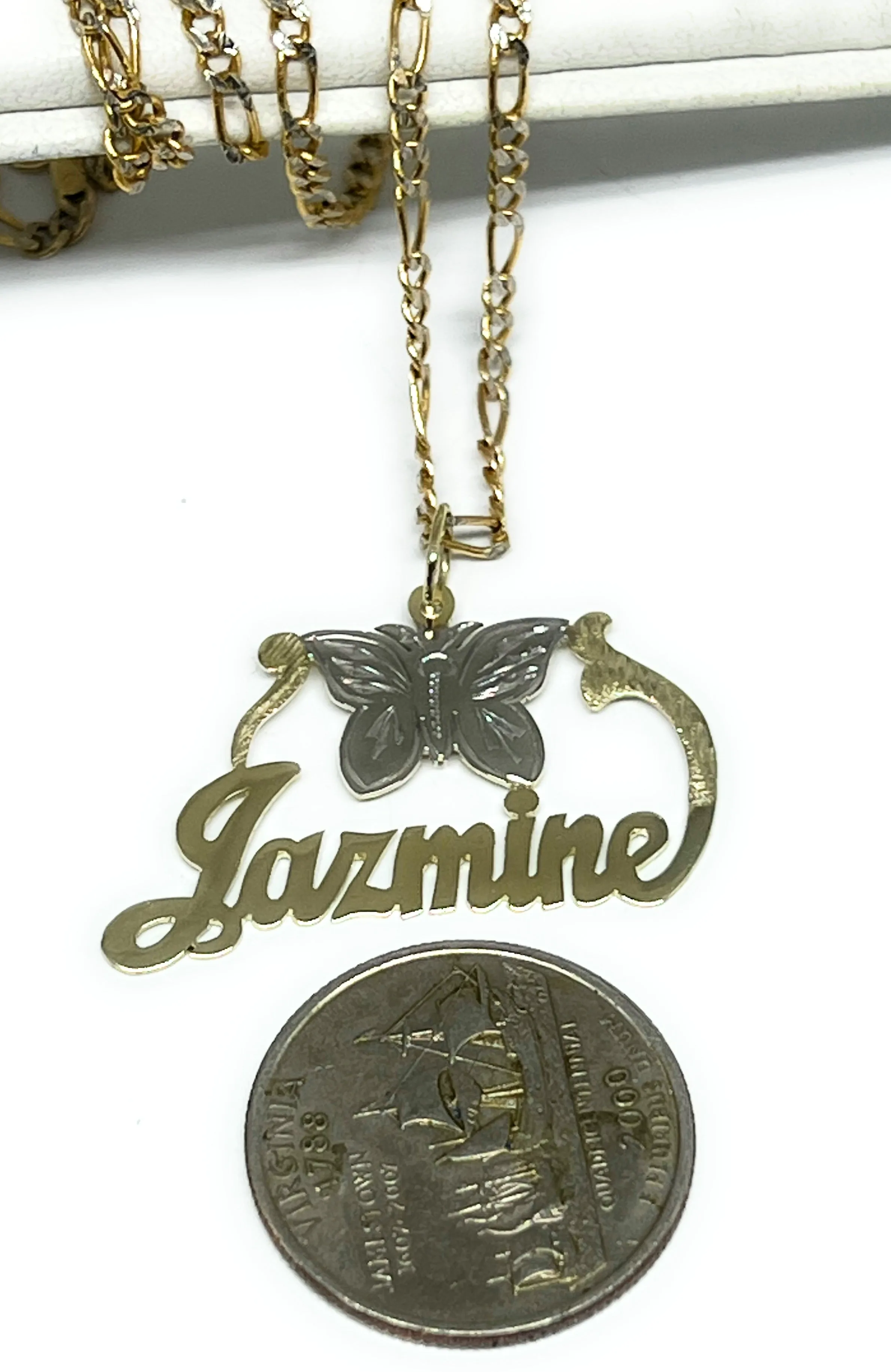 10k Solid Gold Custom Cursive Butterflies Nameplate Pendant Necklace with Chain Options