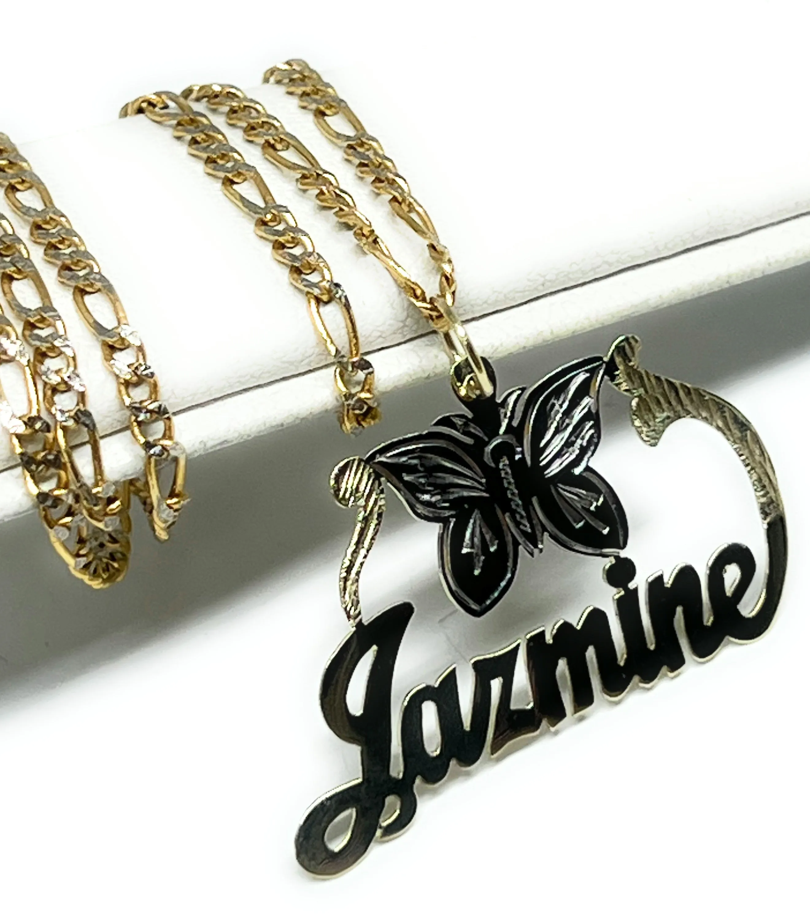 10k Solid Gold Custom Cursive Butterflies Nameplate Pendant Necklace with Chain Options