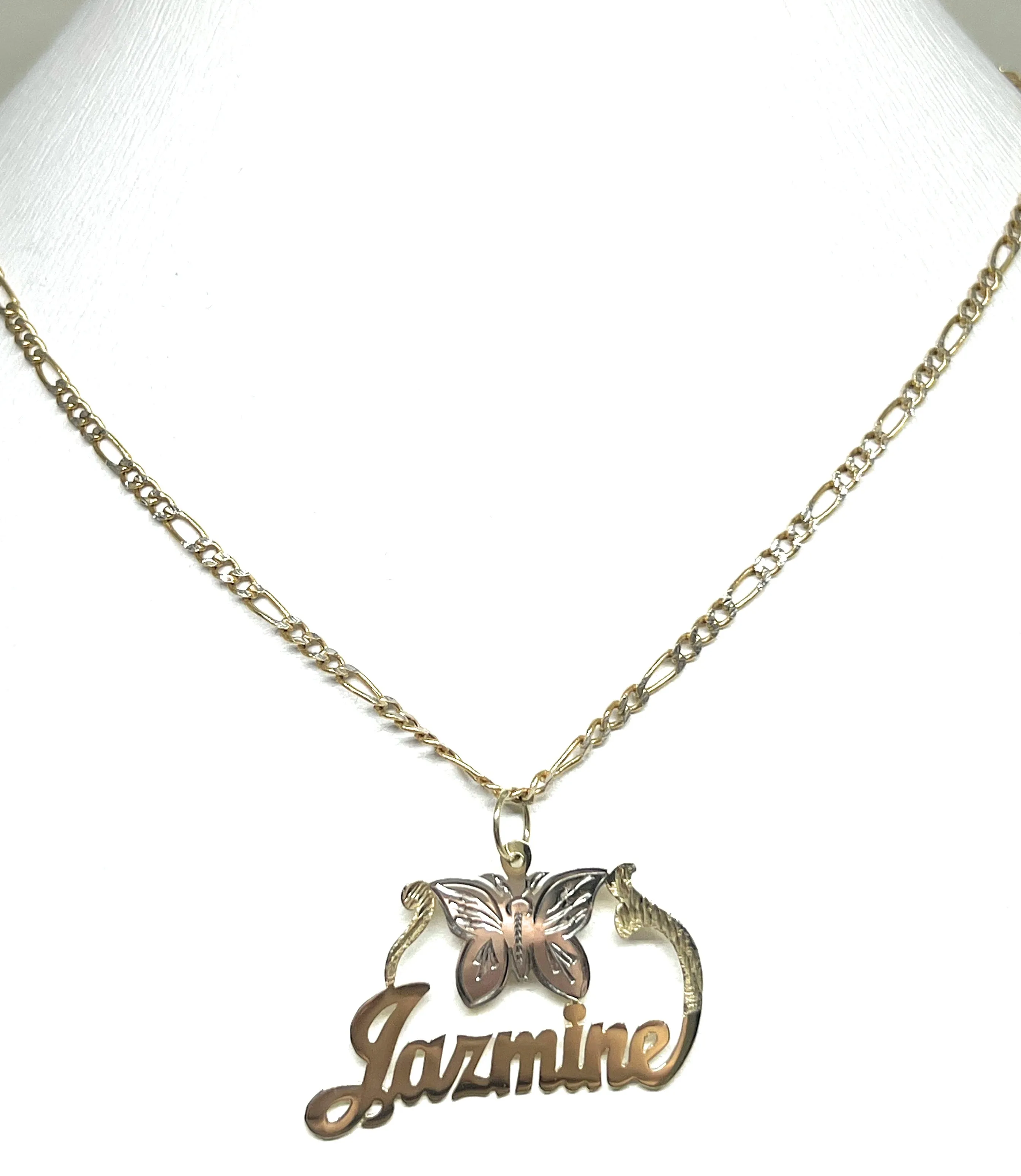 10k Solid Gold Custom Cursive Butterflies Nameplate Pendant Necklace with Chain Options