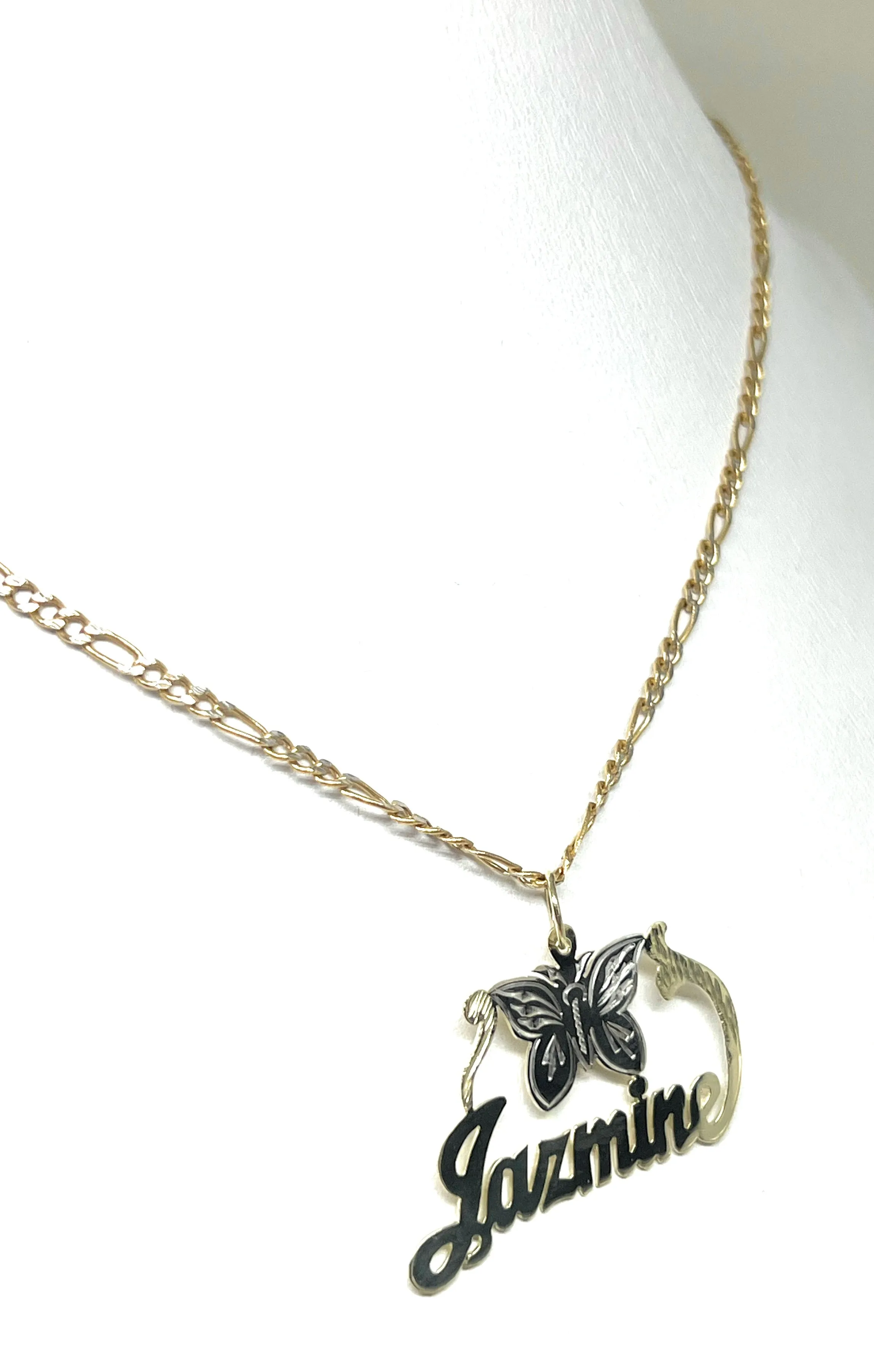 10k Solid Gold Custom Cursive Butterflies Nameplate Pendant Necklace with Chain Options