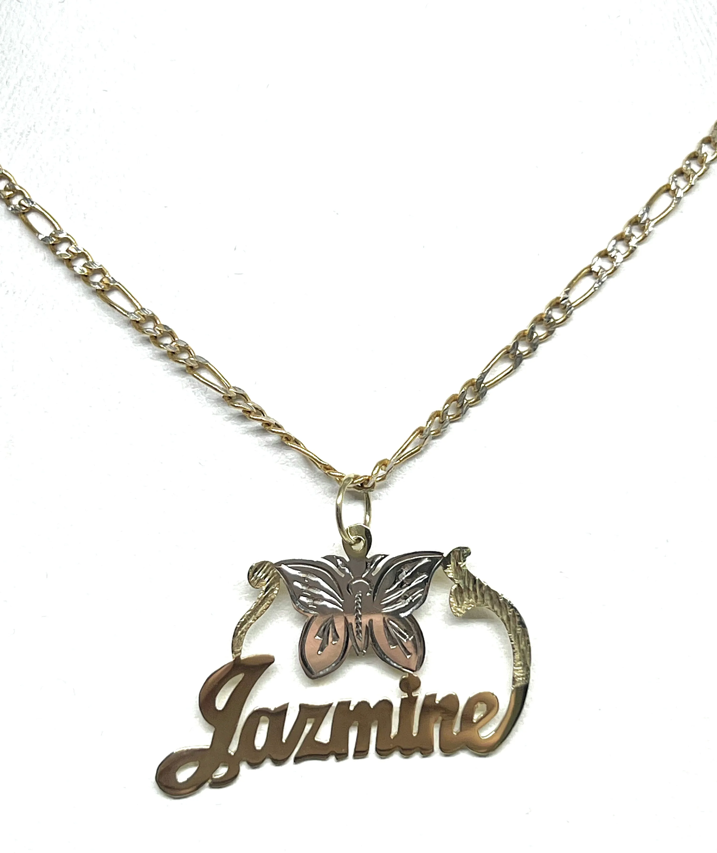 10k Solid Gold Custom Cursive Butterflies Nameplate Pendant Necklace with Chain Options