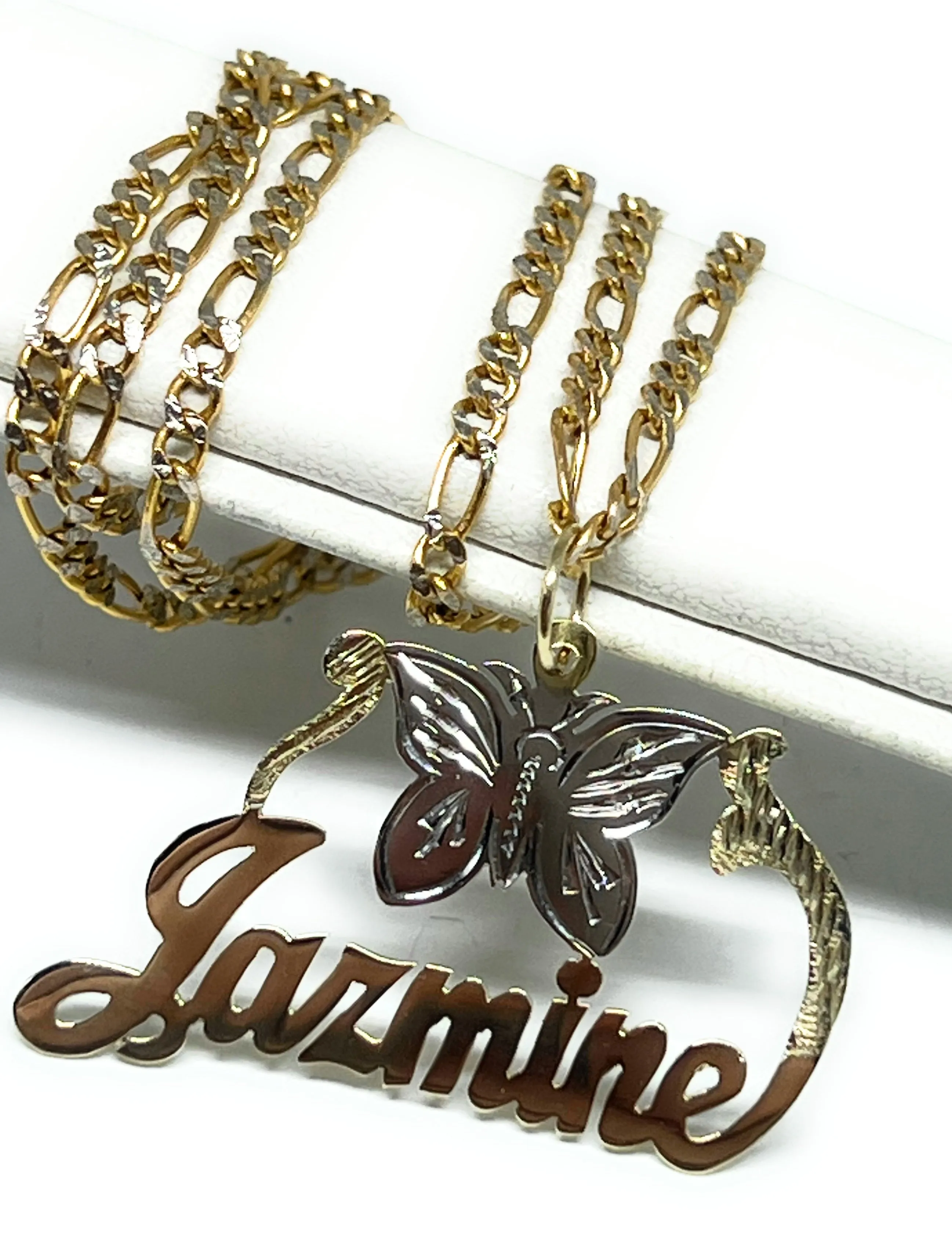 10k Solid Gold Custom Cursive Butterflies Nameplate Pendant Necklace with Chain Options