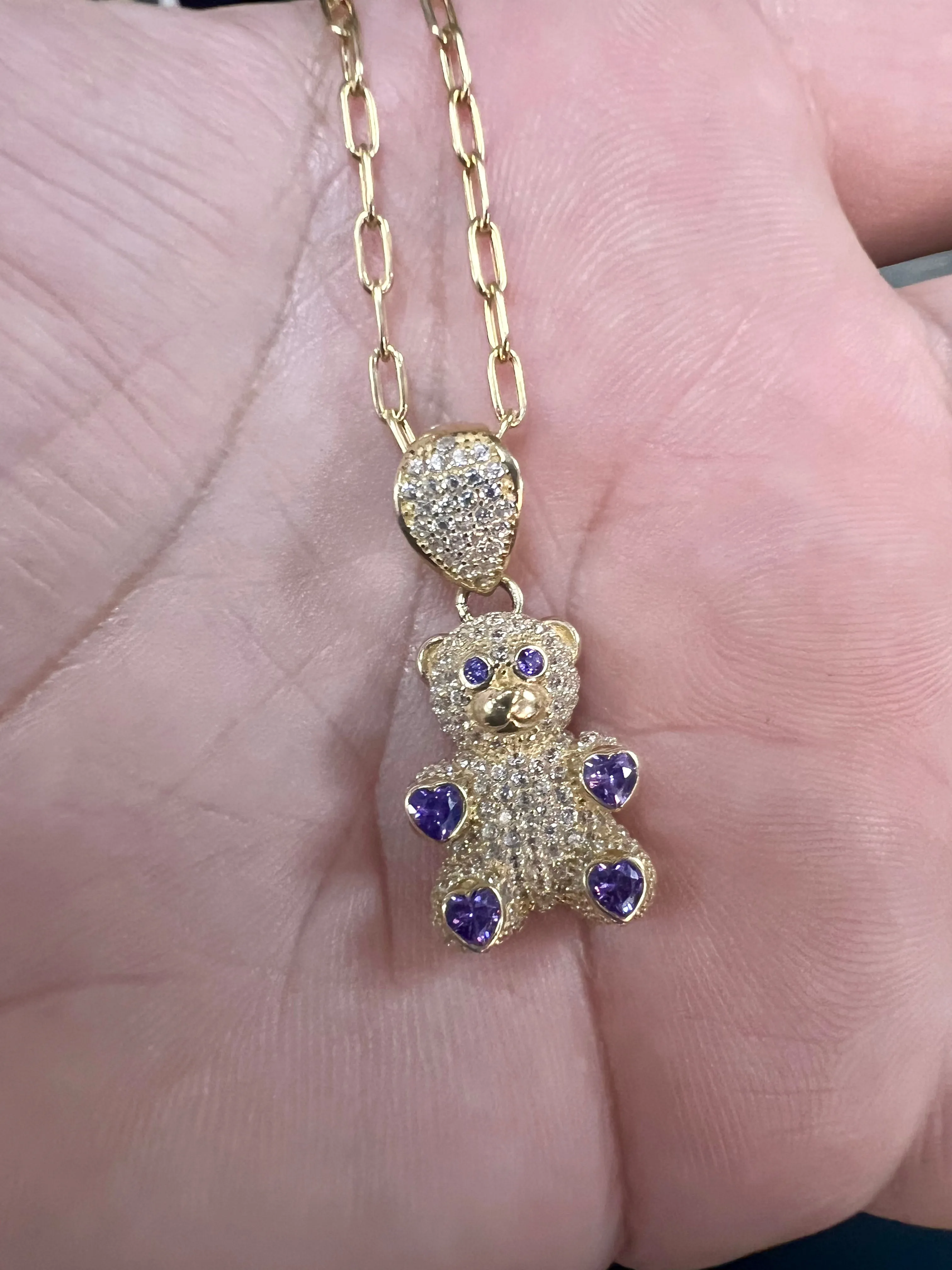 10K Yellow Gold Teddy 4 purple hearts Bear Charm paper clip choker-63940