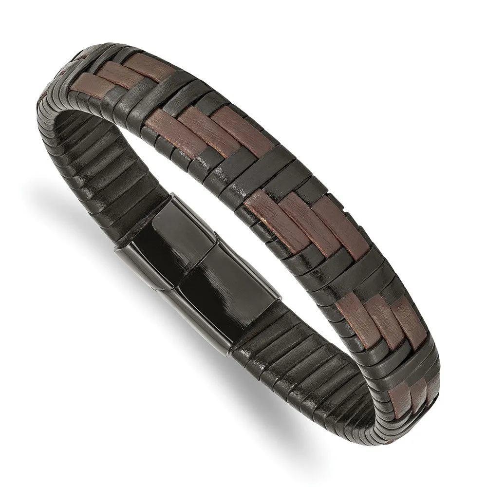 11.5mm Black Plated Stainless Steel Blk/Brown Leather Bracelet 8.25 In