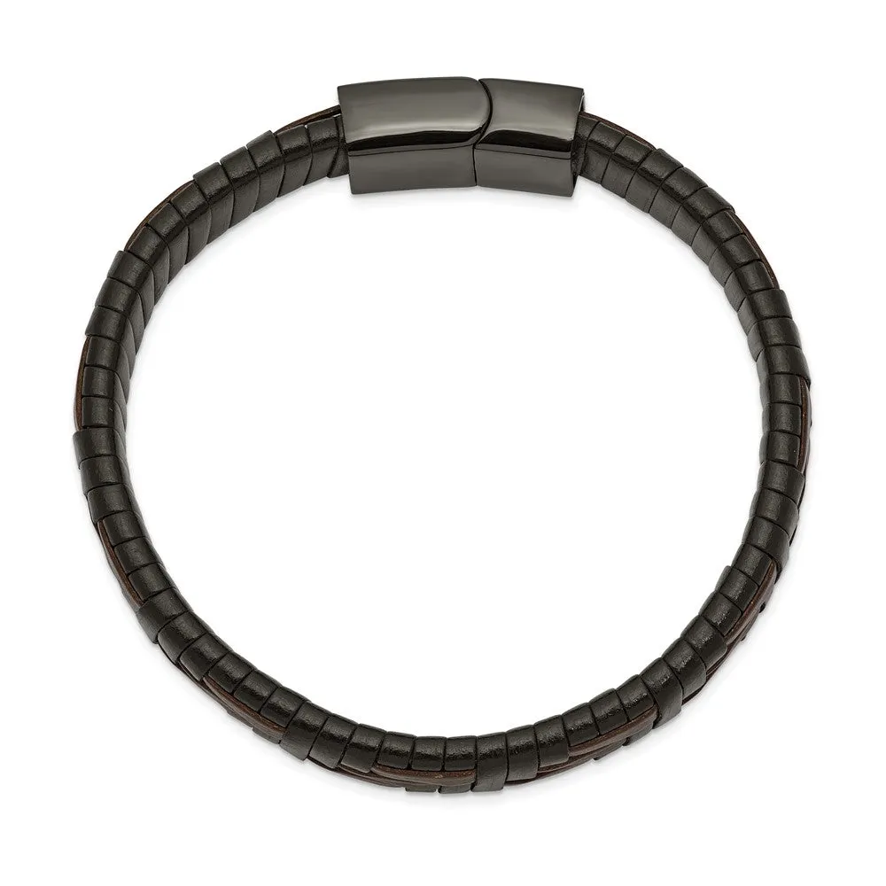 11.5mm Black Plated Stainless Steel Blk/Brown Leather Bracelet 8.25 In