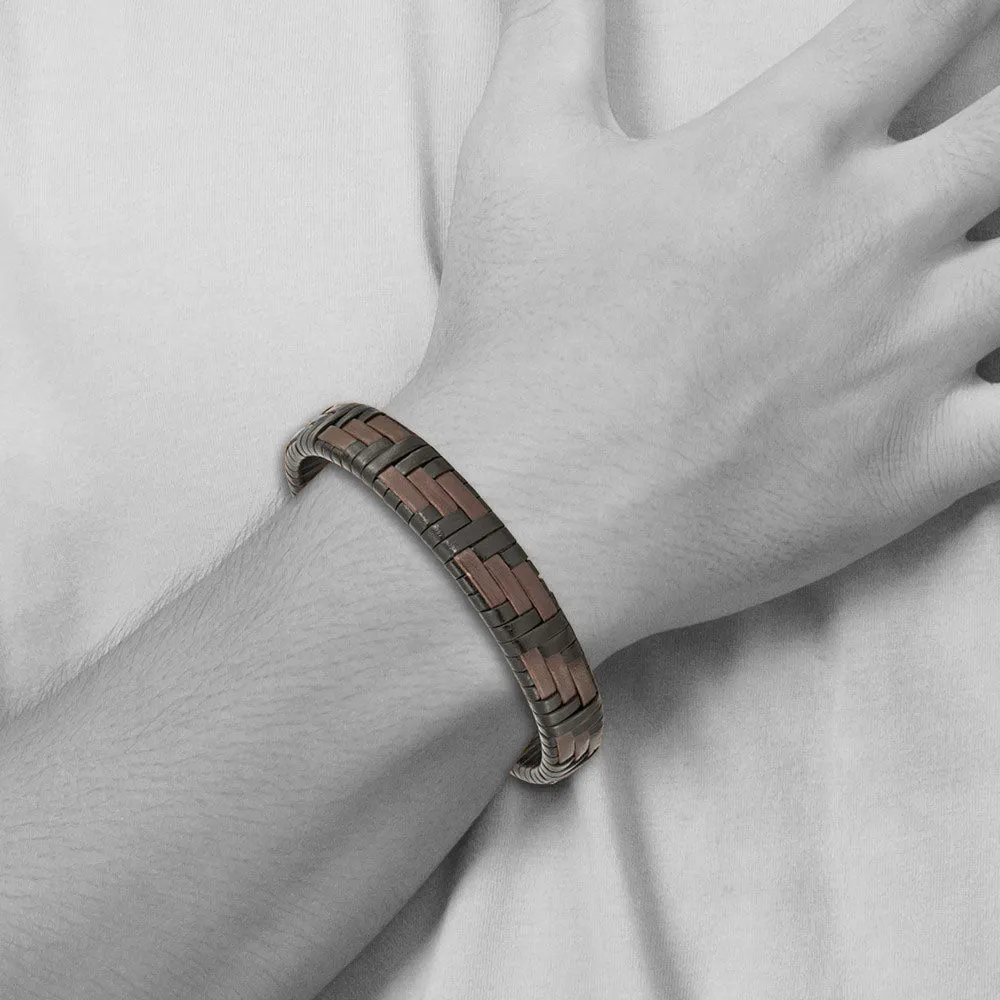 11.5mm Black Plated Stainless Steel Blk/Brown Leather Bracelet 8.25 In