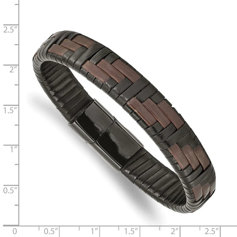 11.5mm Black Plated Stainless Steel Blk/Brown Leather Bracelet 8.25 In