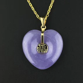 14K Gold Carved Lavender Jade Heart Pendant Necklace