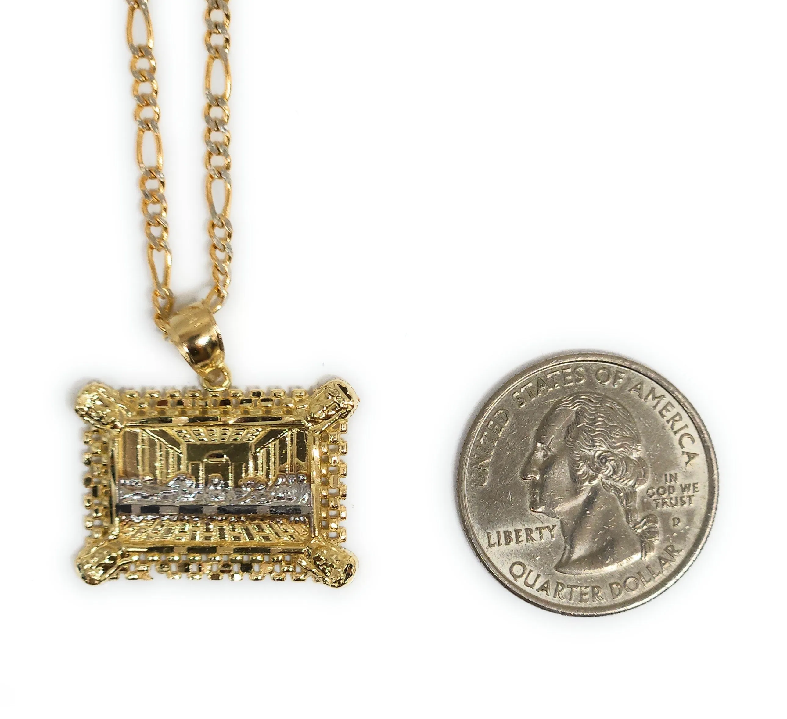 14k Solid Gold 2-TONE Jesus Last Supper SQUARE Pendant Necklace