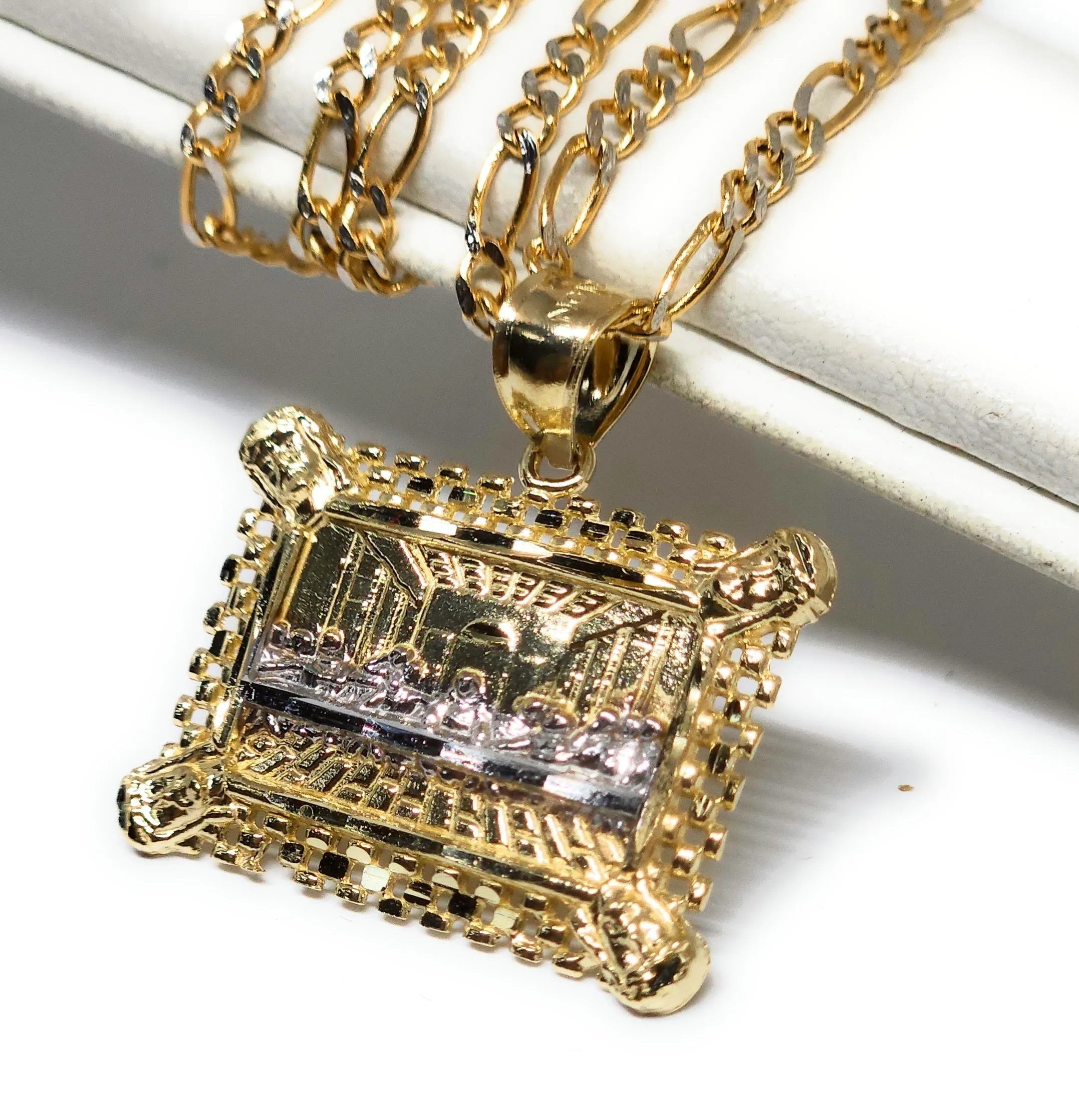 14k Solid Gold 2-TONE Jesus Last Supper SQUARE Pendant Necklace