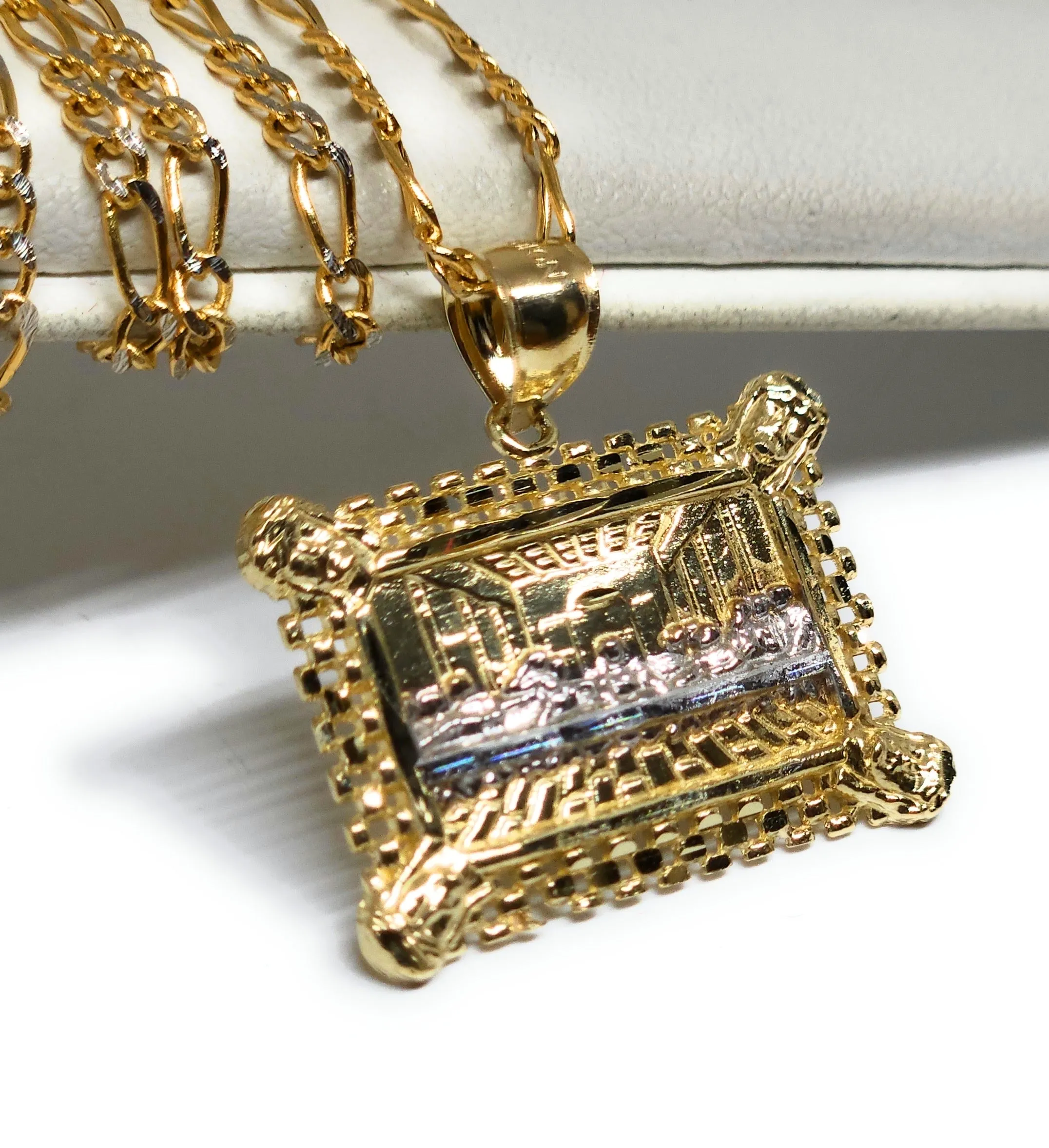 14k Solid Gold 2-TONE Jesus Last Supper SQUARE Pendant Necklace