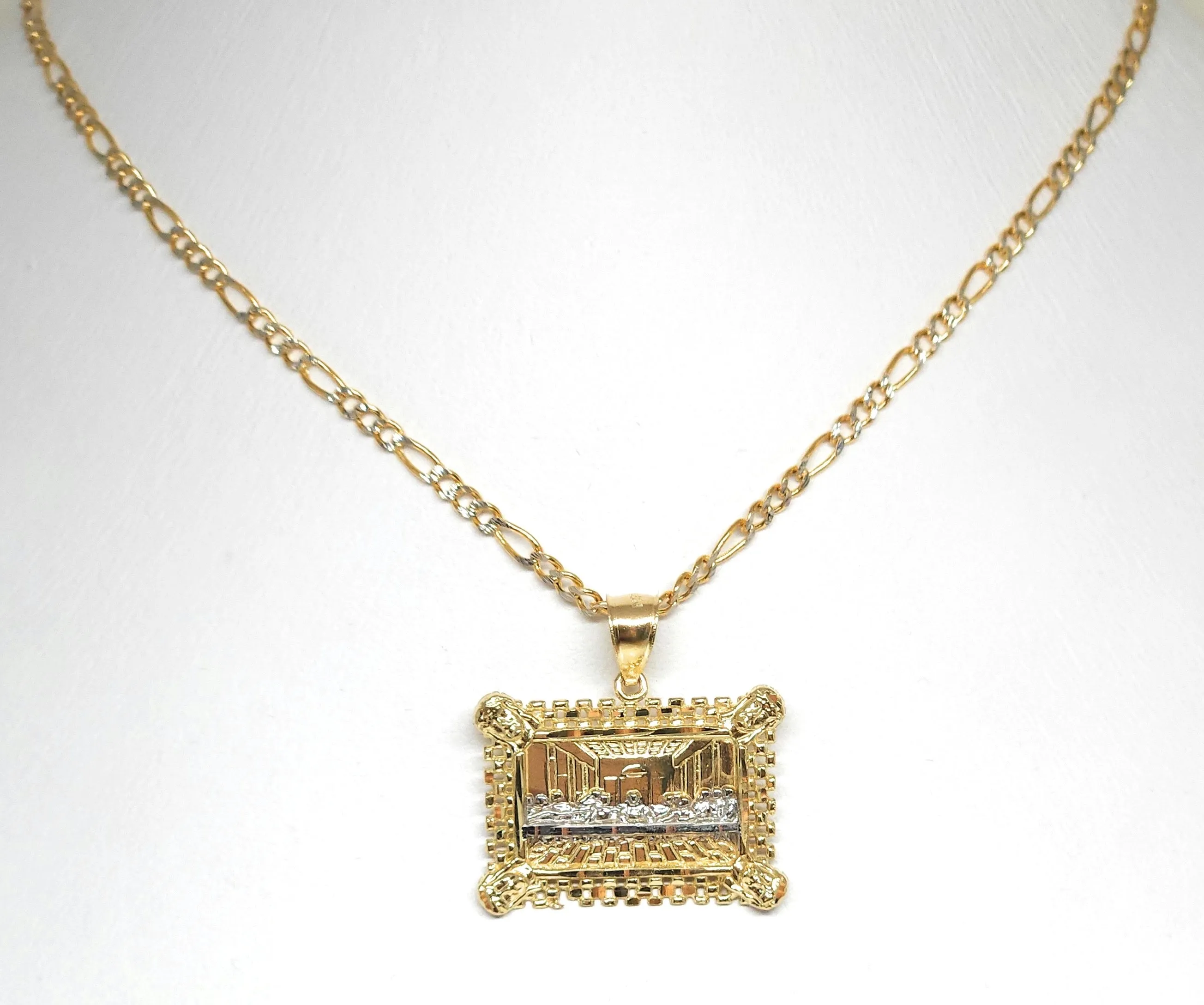 14k Solid Gold 2-TONE Jesus Last Supper SQUARE Pendant Necklace