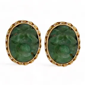 14K Yellow gold oval flower carving jade earrings studs earrings-G001