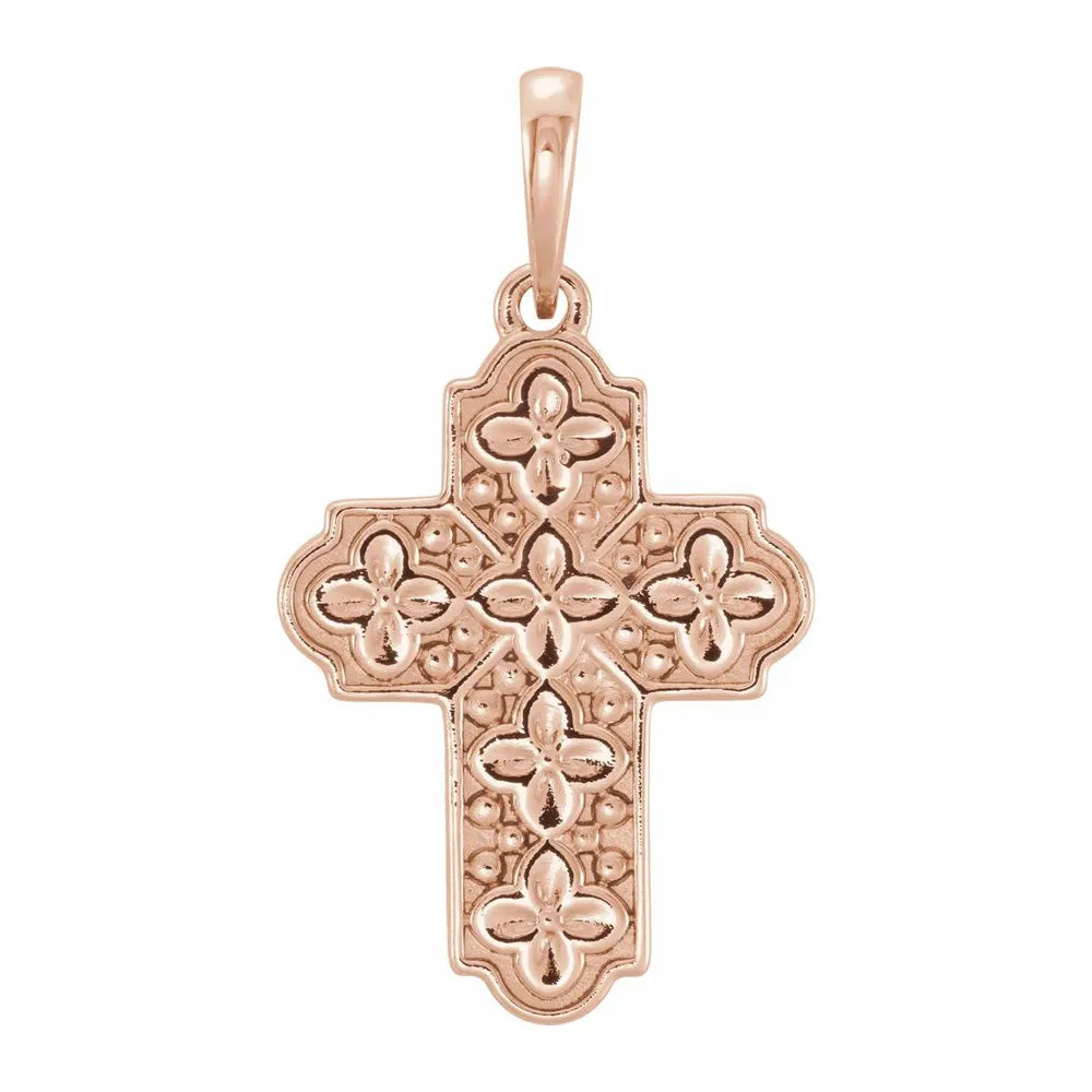 14K Yellow, White or Rose Gold Ornate Floral Cross Pendant, 14 x 24mm