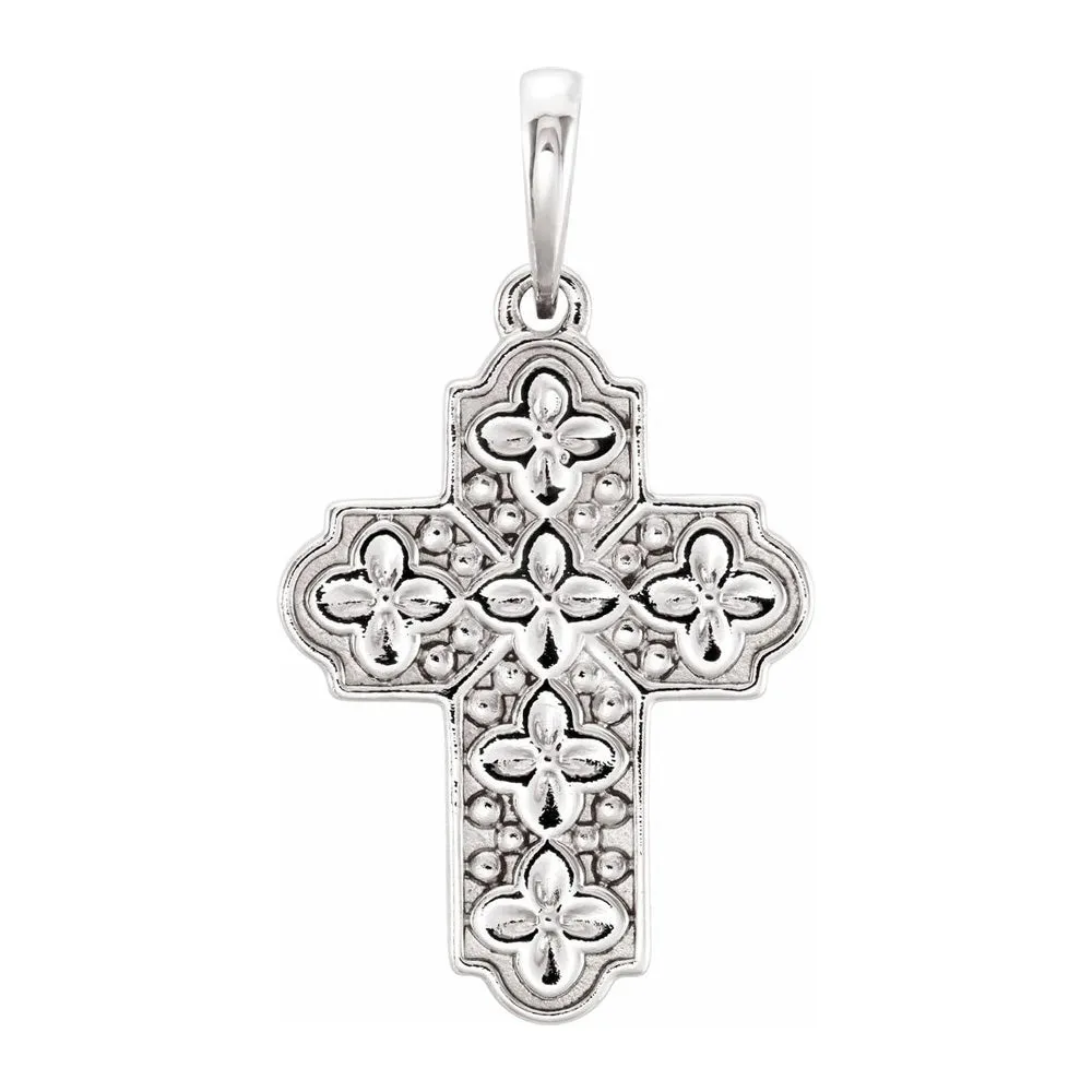 14K Yellow, White or Rose Gold Ornate Floral Cross Pendant, 14 x 24mm