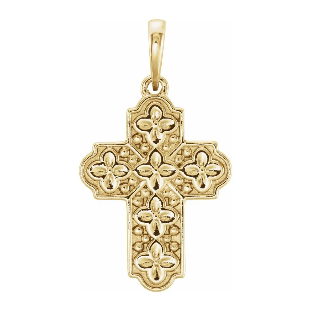 14K Yellow, White or Rose Gold Ornate Floral Cross Pendant, 14 x 24mm