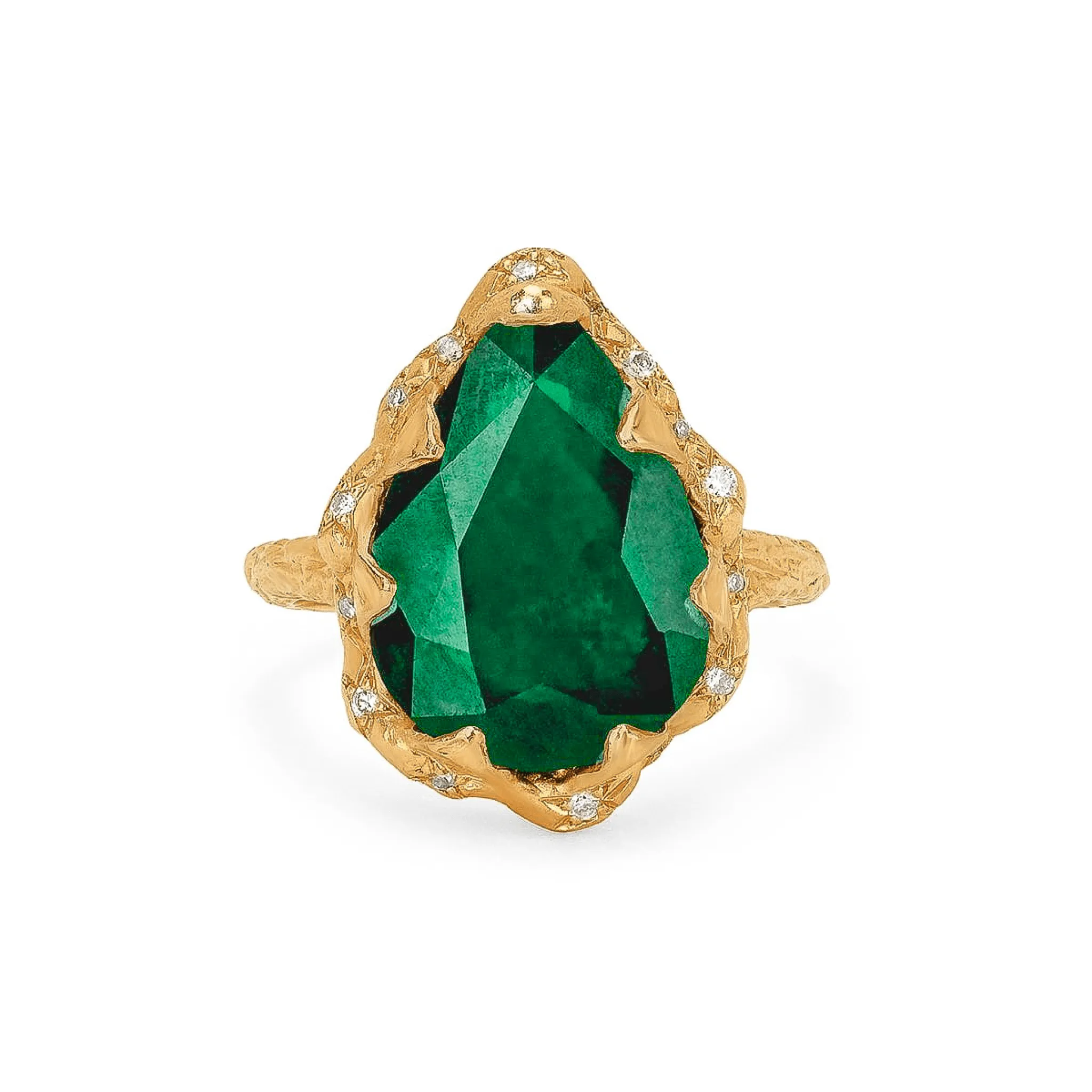 18k Queen Water Drop Zambian Emerald Ring with Sprinkled Diamonds