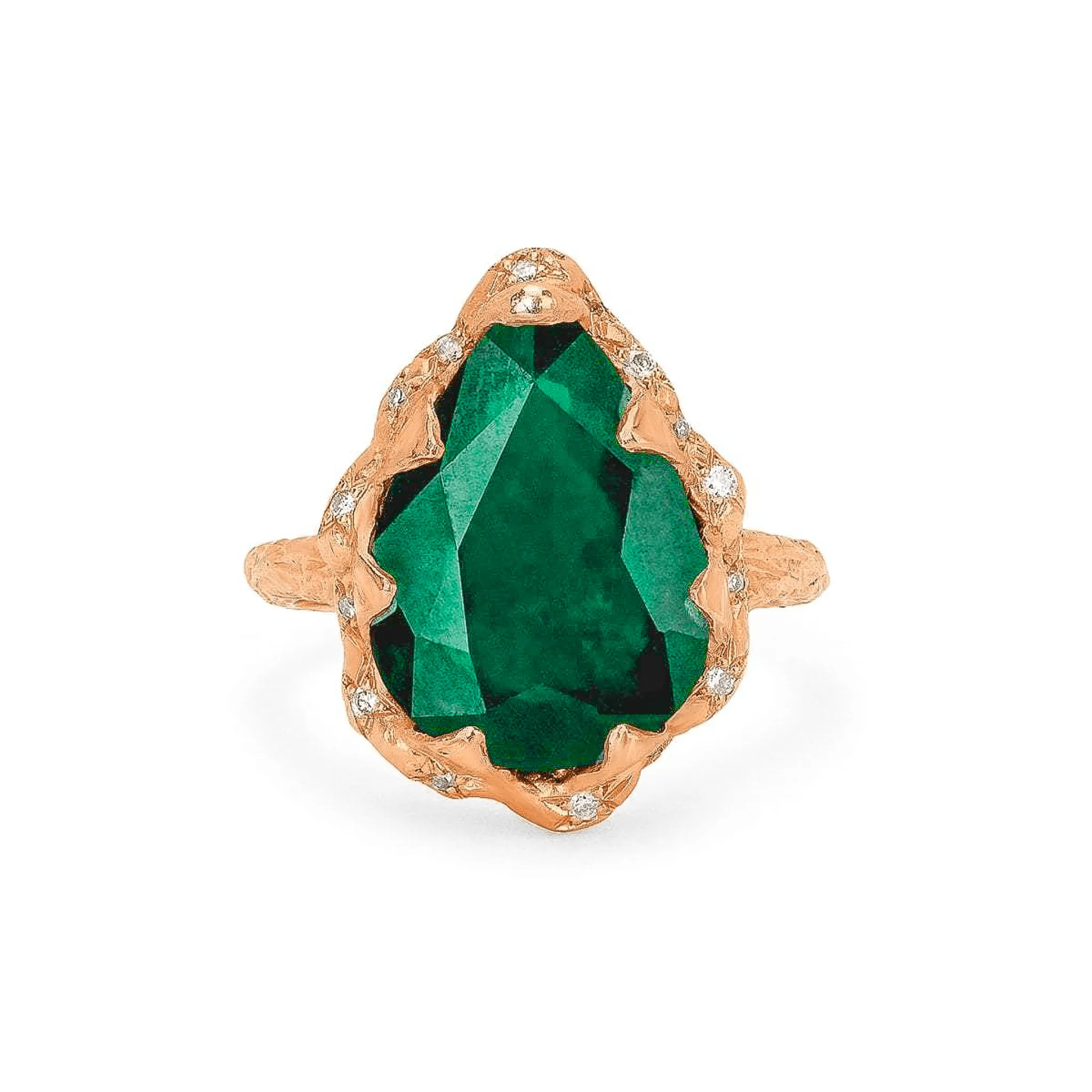 18k Queen Water Drop Zambian Emerald Ring with Sprinkled Diamonds