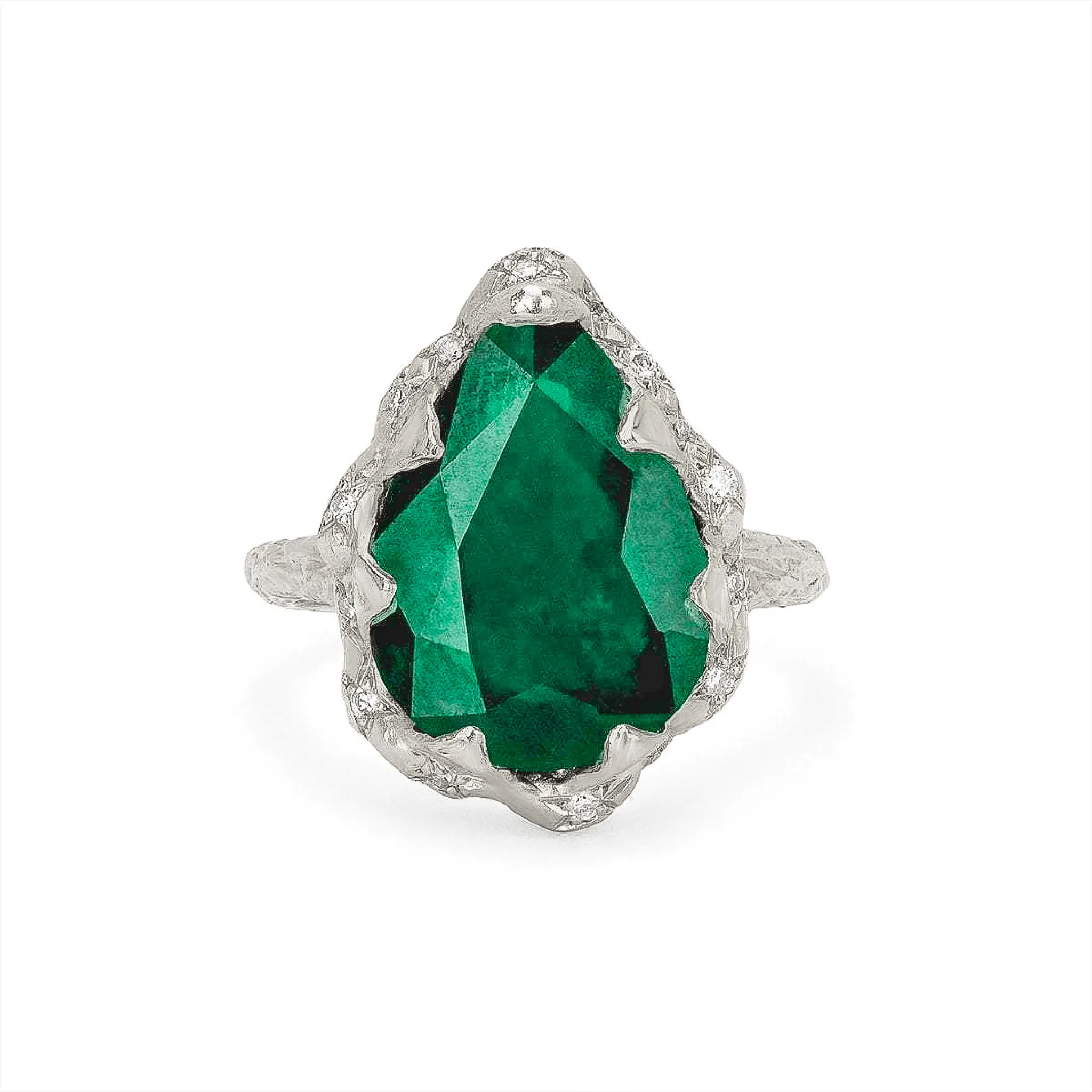 18k Queen Water Drop Zambian Emerald Ring with Sprinkled Diamonds