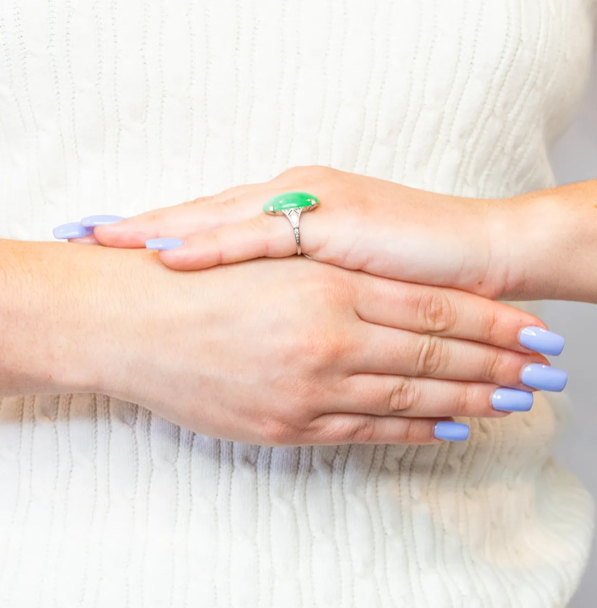 1930's Art Deco Jadeite Jade Diamond Platinum Cabochon Ring GIA