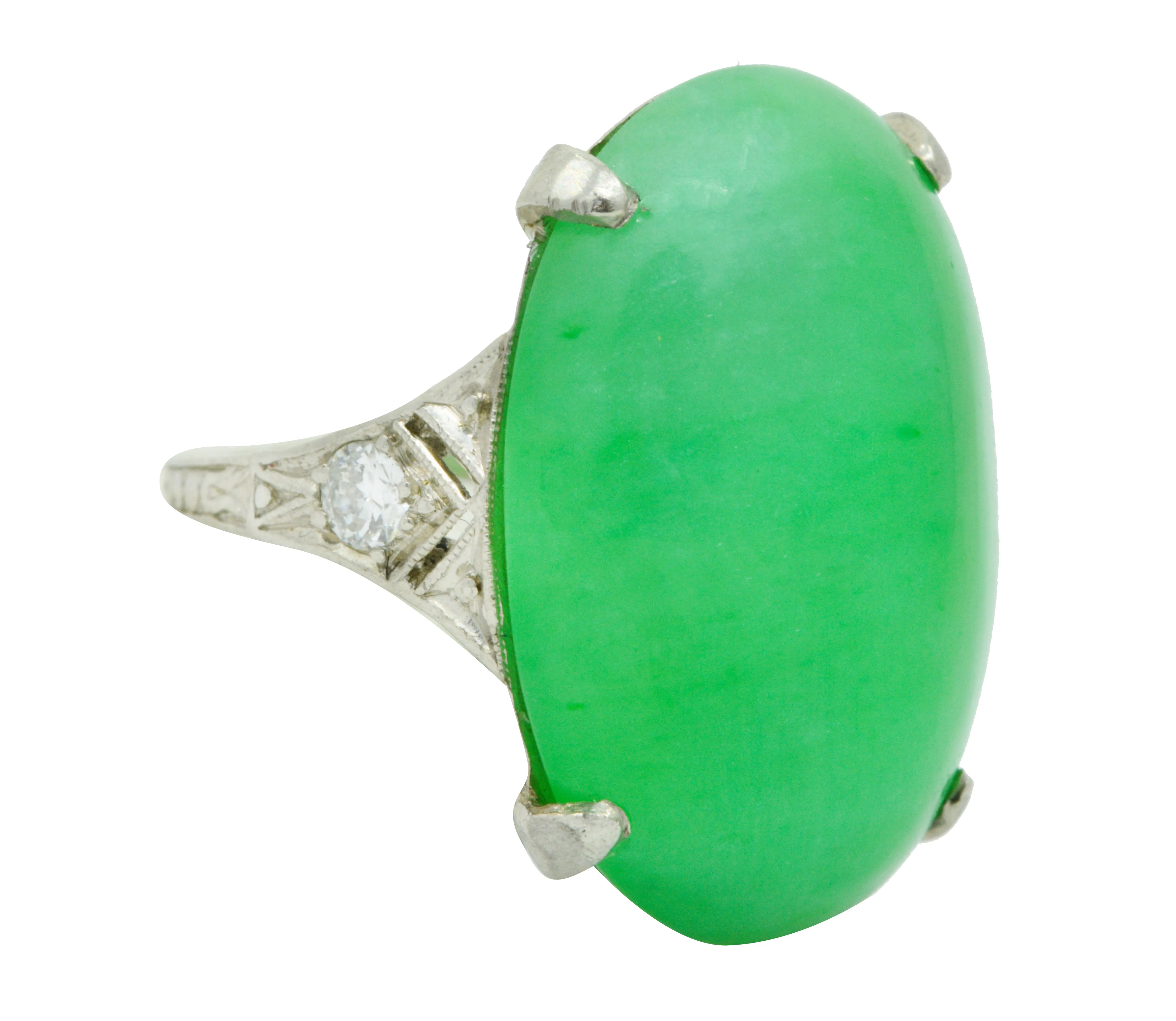 1930's Art Deco Jadeite Jade Diamond Platinum Cabochon Ring GIA