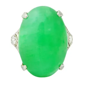 1930's Art Deco Jadeite Jade Diamond Platinum Cabochon Ring GIA