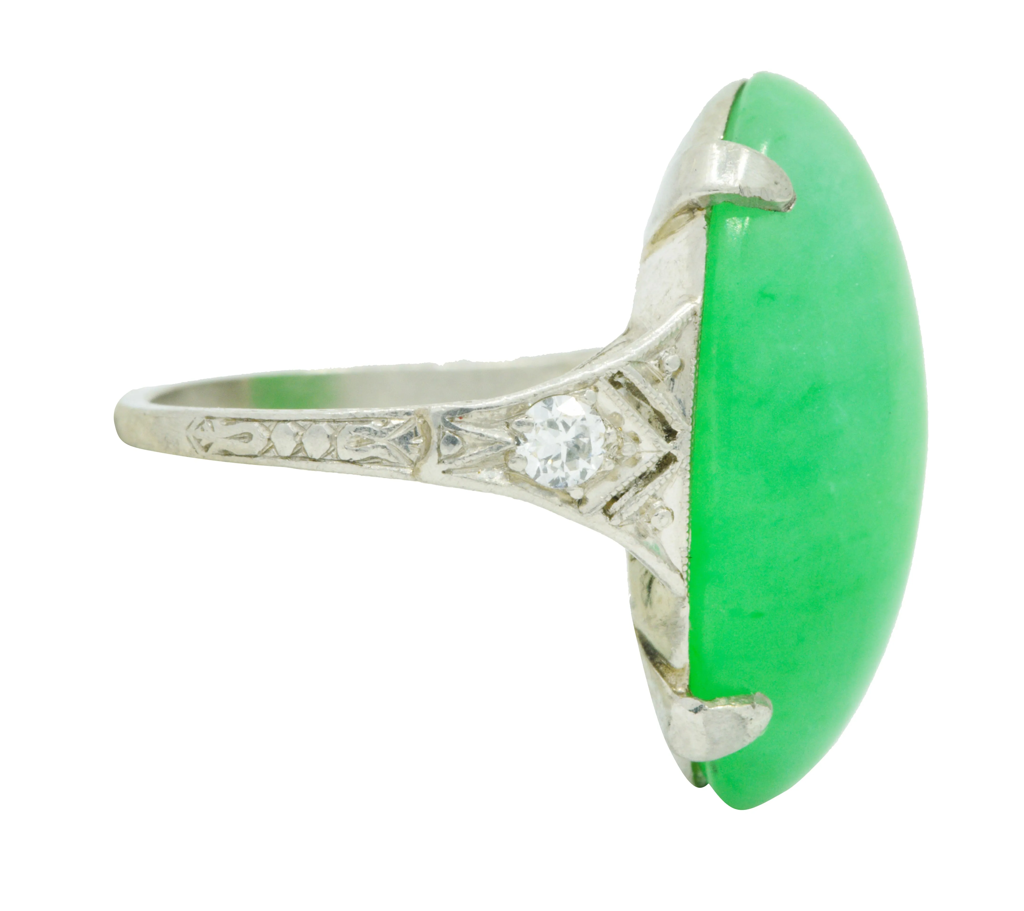 1930's Art Deco Jadeite Jade Diamond Platinum Cabochon Ring GIA