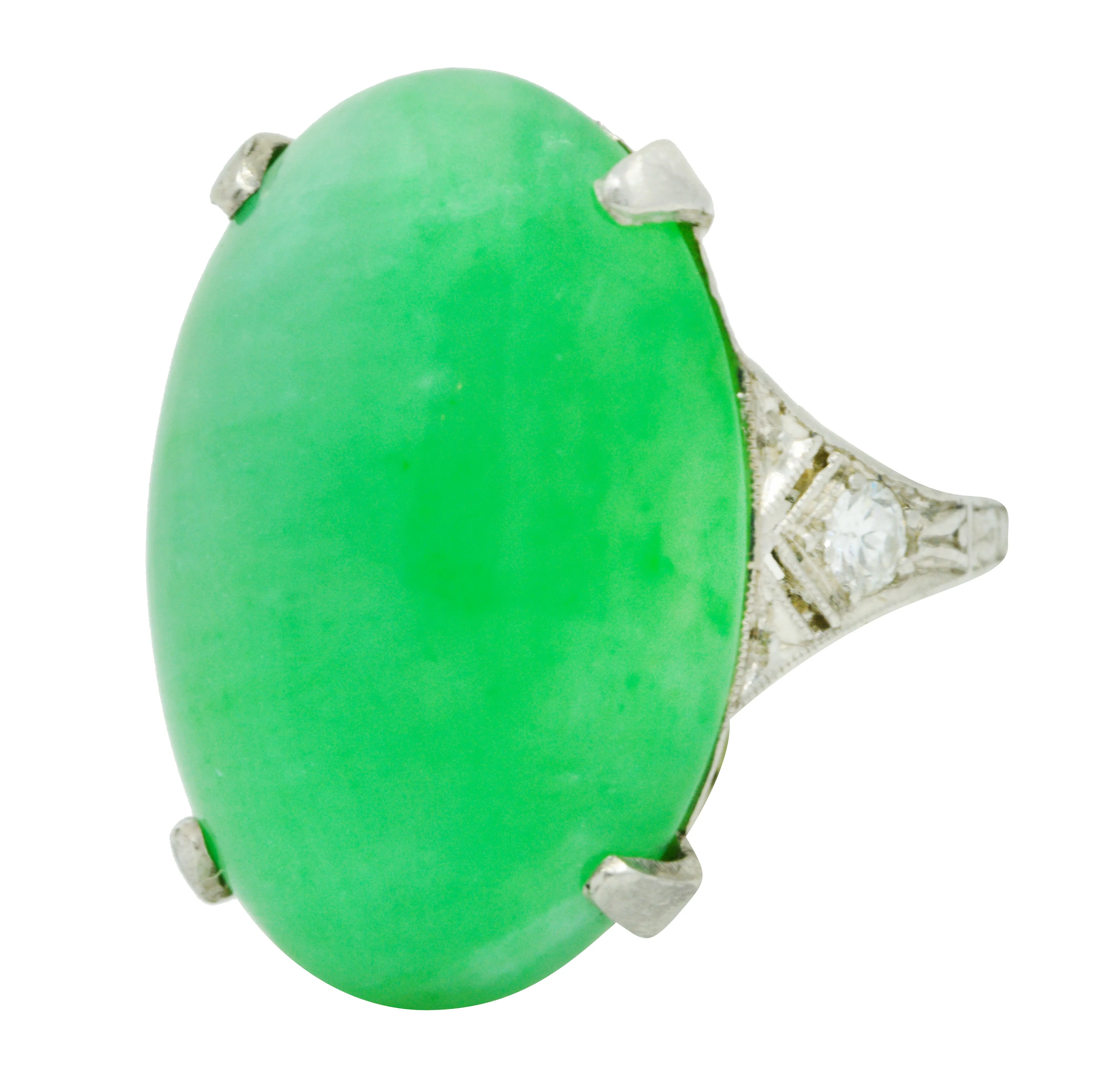 1930's Art Deco Jadeite Jade Diamond Platinum Cabochon Ring GIA