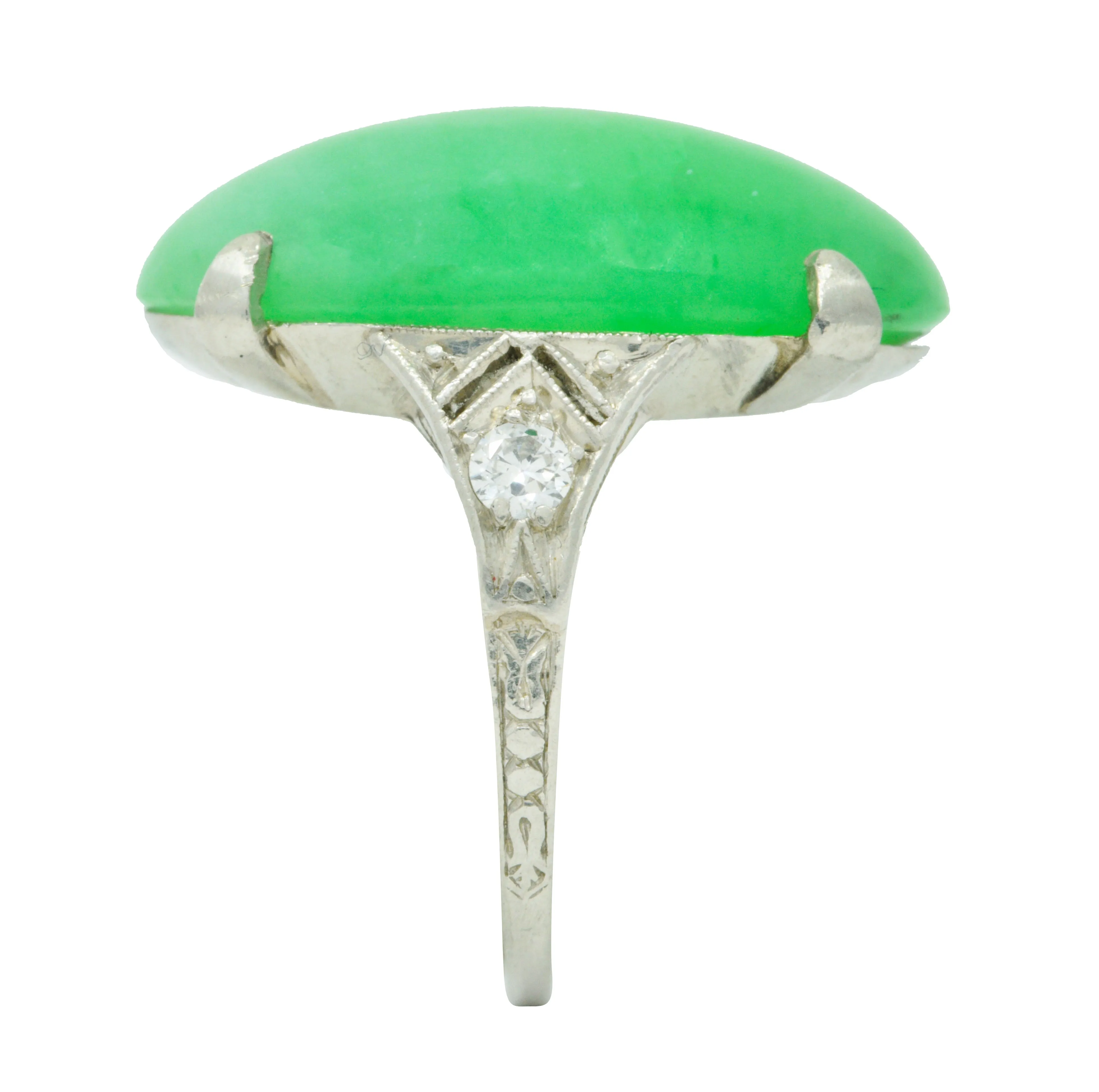 1930's Art Deco Jadeite Jade Diamond Platinum Cabochon Ring GIA