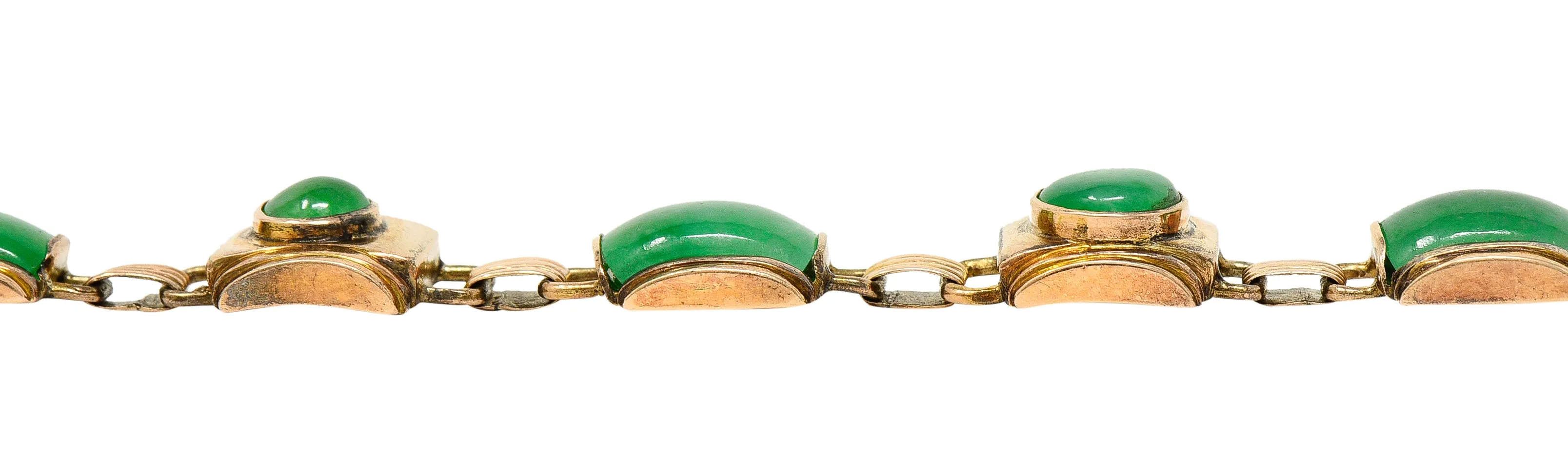 1940's Retro Jadeite Jade Cabochon 14 Karat Yellow Gold Vintage Link Bracelet GIA