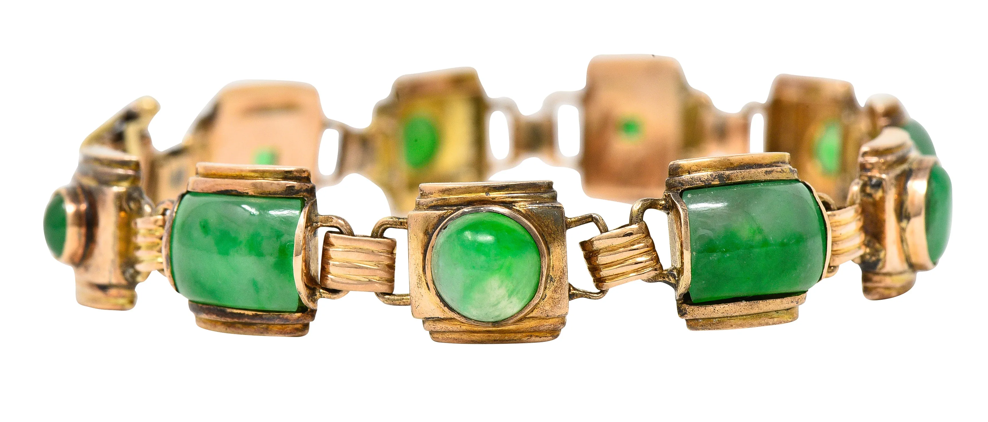 1940's Retro Jadeite Jade Cabochon 14 Karat Yellow Gold Vintage Link Bracelet GIA