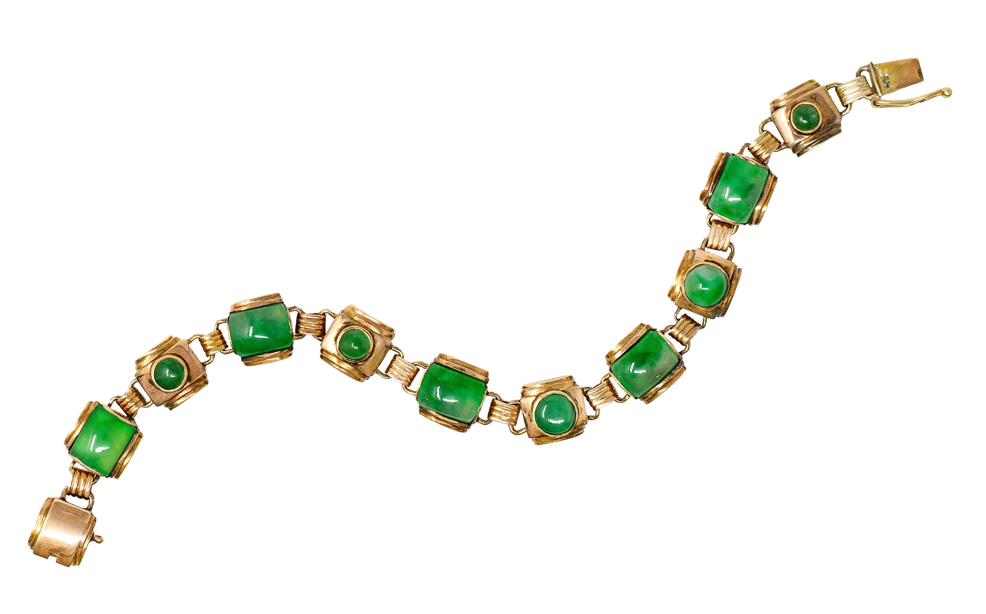 1940's Retro Jadeite Jade Cabochon 14 Karat Yellow Gold Vintage Link Bracelet GIA