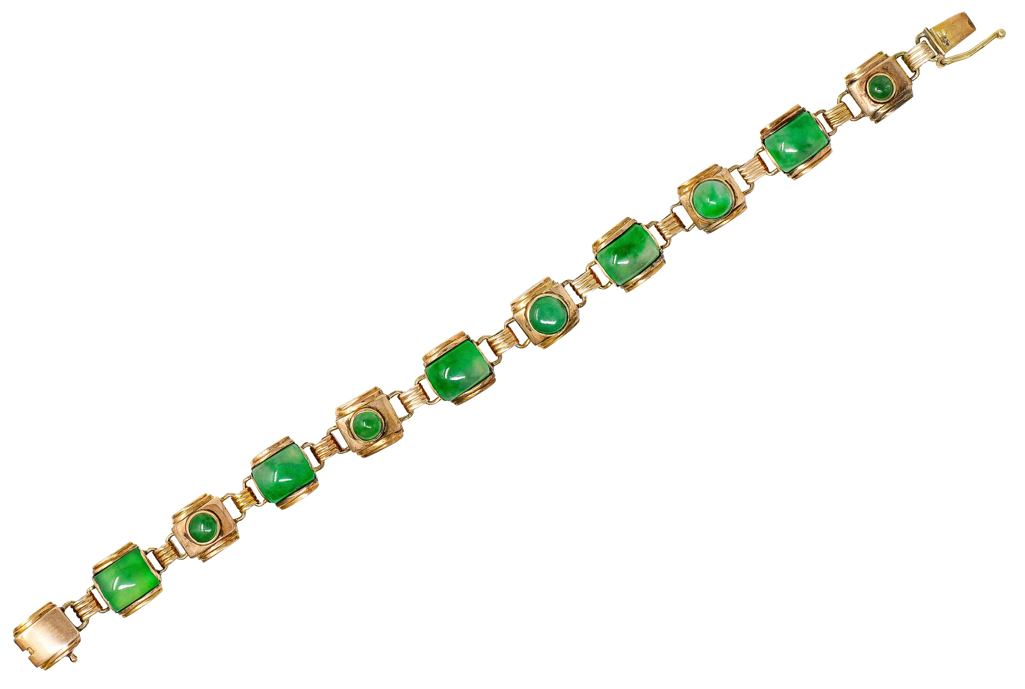 1940's Retro Jadeite Jade Cabochon 14 Karat Yellow Gold Vintage Link Bracelet GIA