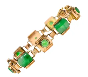 1940's Retro Jadeite Jade Cabochon 14 Karat Yellow Gold Vintage Link Bracelet GIA