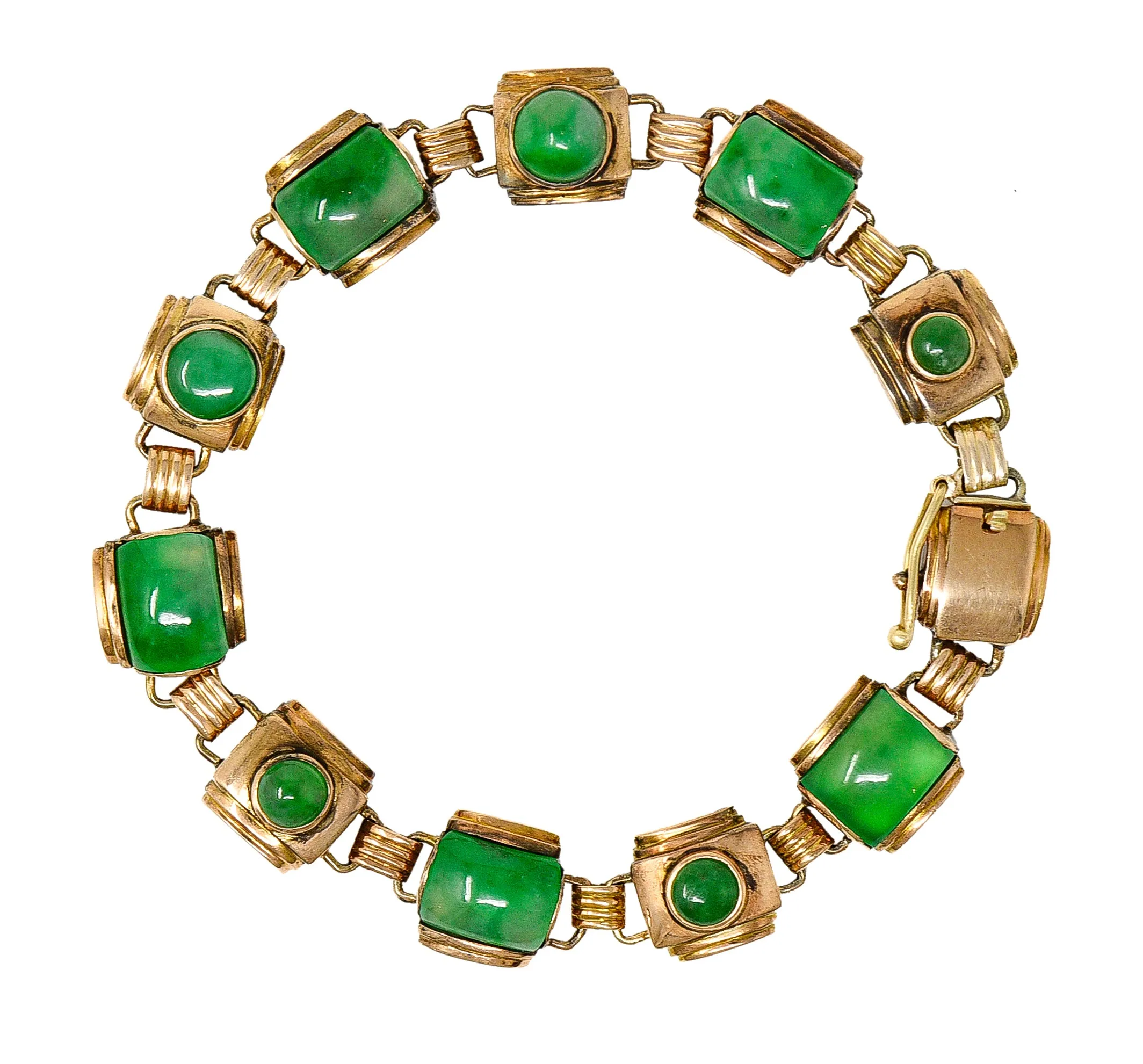 1940's Retro Jadeite Jade Cabochon 14 Karat Yellow Gold Vintage Link Bracelet GIA