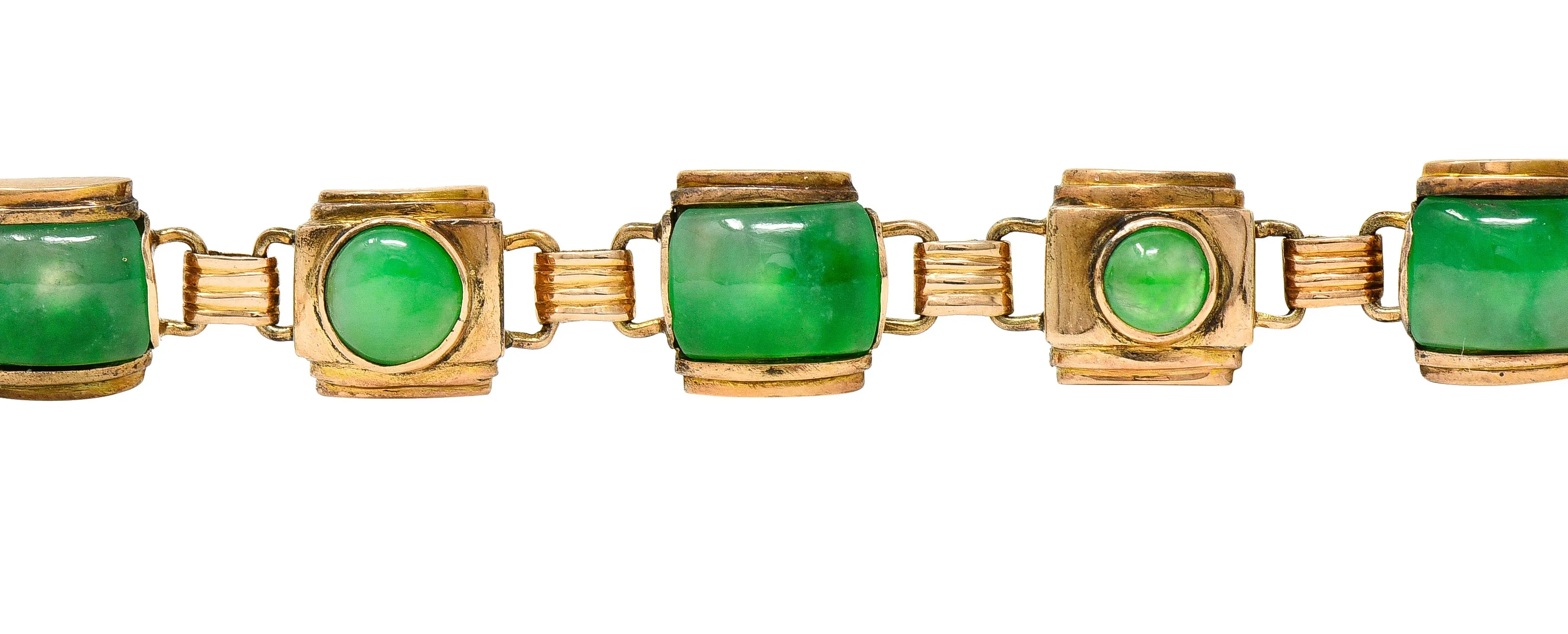 1940's Retro Jadeite Jade Cabochon 14 Karat Yellow Gold Vintage Link Bracelet GIA