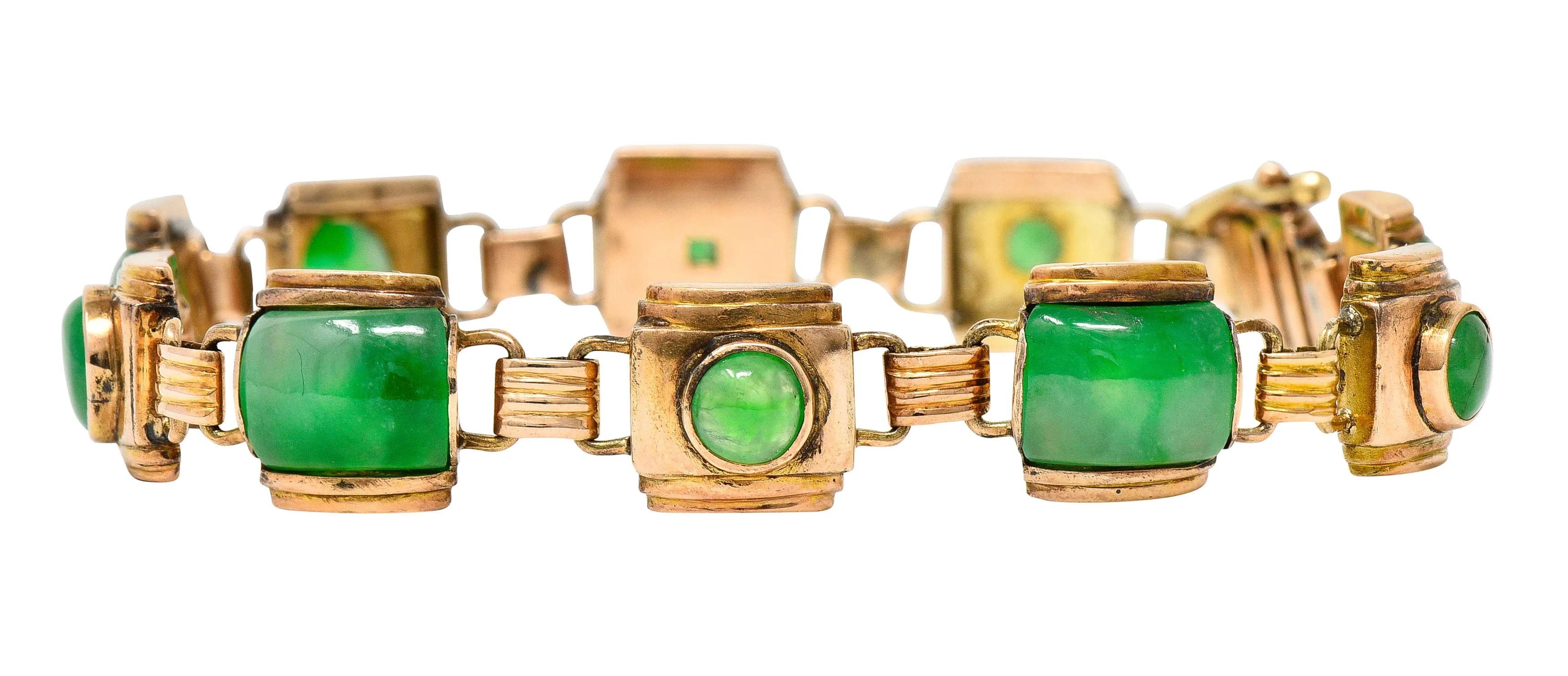 1940's Retro Jadeite Jade Cabochon 14 Karat Yellow Gold Vintage Link Bracelet GIA