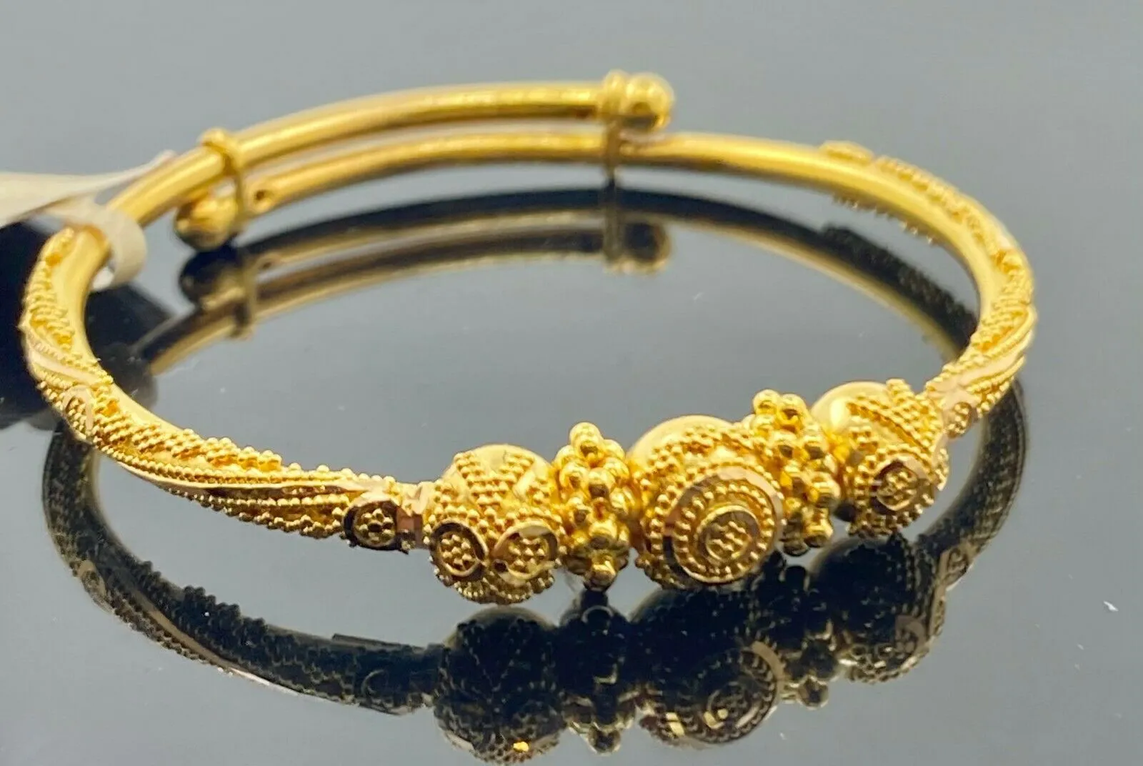 22k Bangle Solid Gold Simple Children Adjustable Filigree Beads Design CB1404