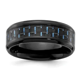 8mm Black Plated Titanium Black/Blue Carbon Fiber Beveled Band