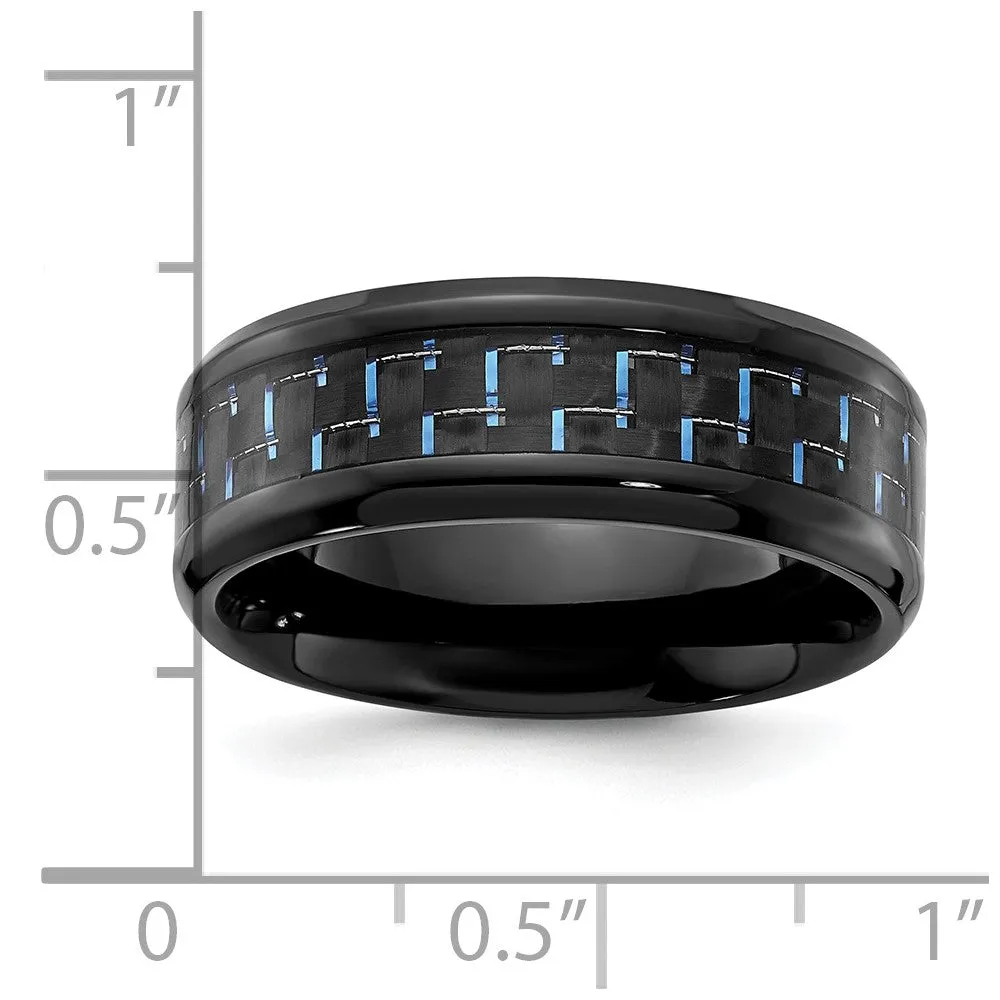 8mm Black Plated Titanium Black/Blue Carbon Fiber Beveled Band