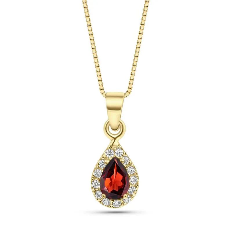 A drop-shaped halo pendant with a garnet stone on a 14K gold chain.