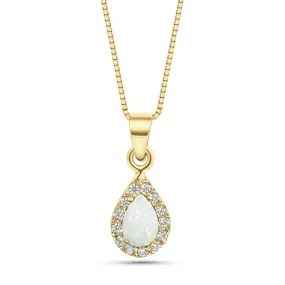 A drop-shaped halo pendant with a white opal stone on a 14K gold chain.