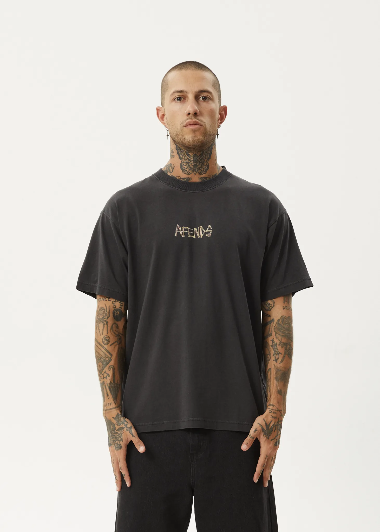 AFENDS Mens Crashed Out - Boxy Fit Tee - Stone Black