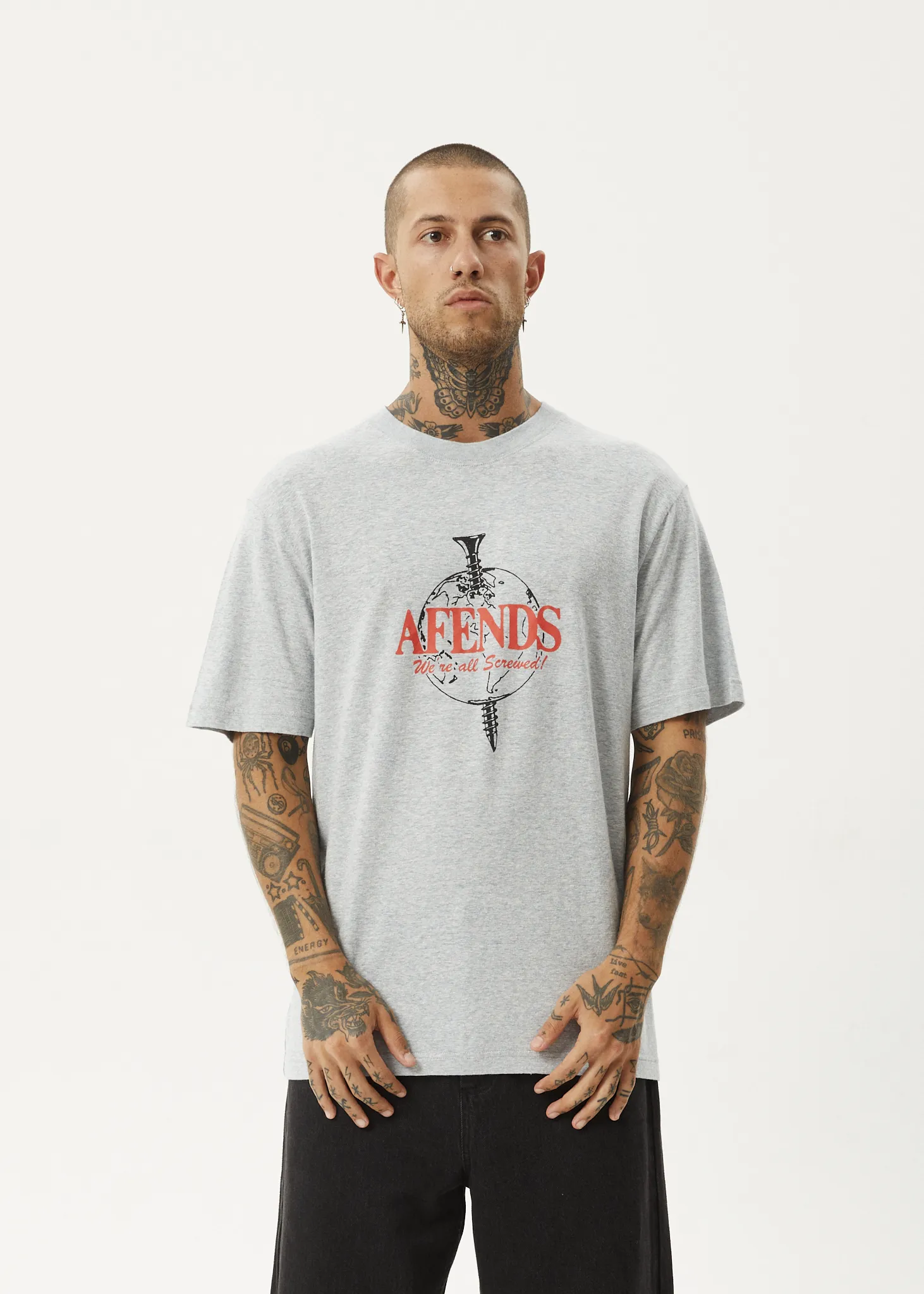 AFENDS Mens Screwed - Retro Fit Tee - Shadow Grey Marle