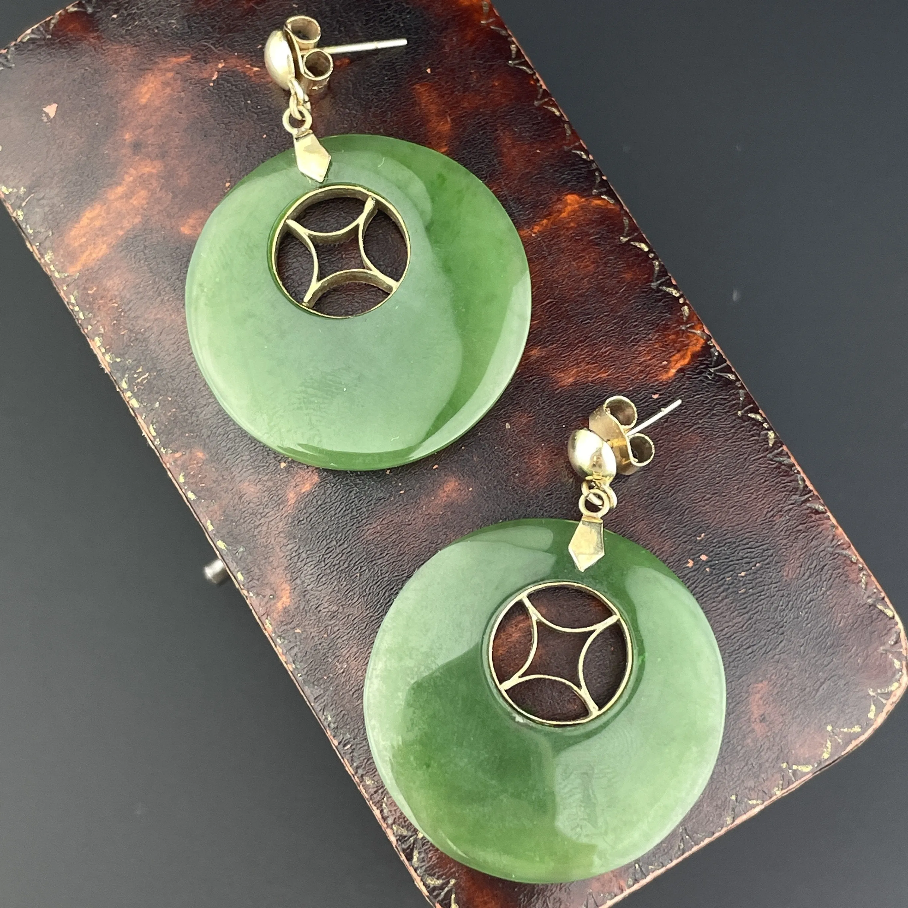 Antique 14K Gold Jade Round Disc Dangle Hoop Earrings