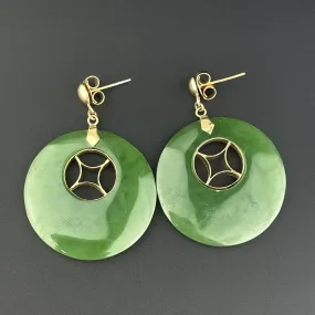 Antique 14K Gold Jade Round Disc Dangle Hoop Earrings