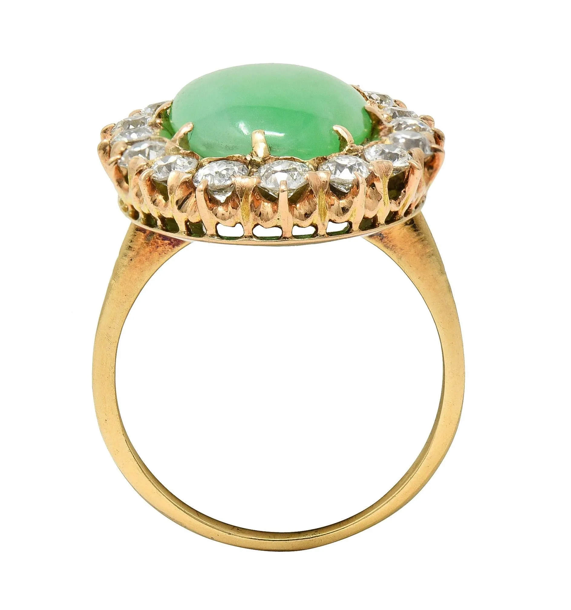 Antique Jadeite Jade 1.60 CTW Diamond 14 Karat Yellow Gold Halo Ring GIA